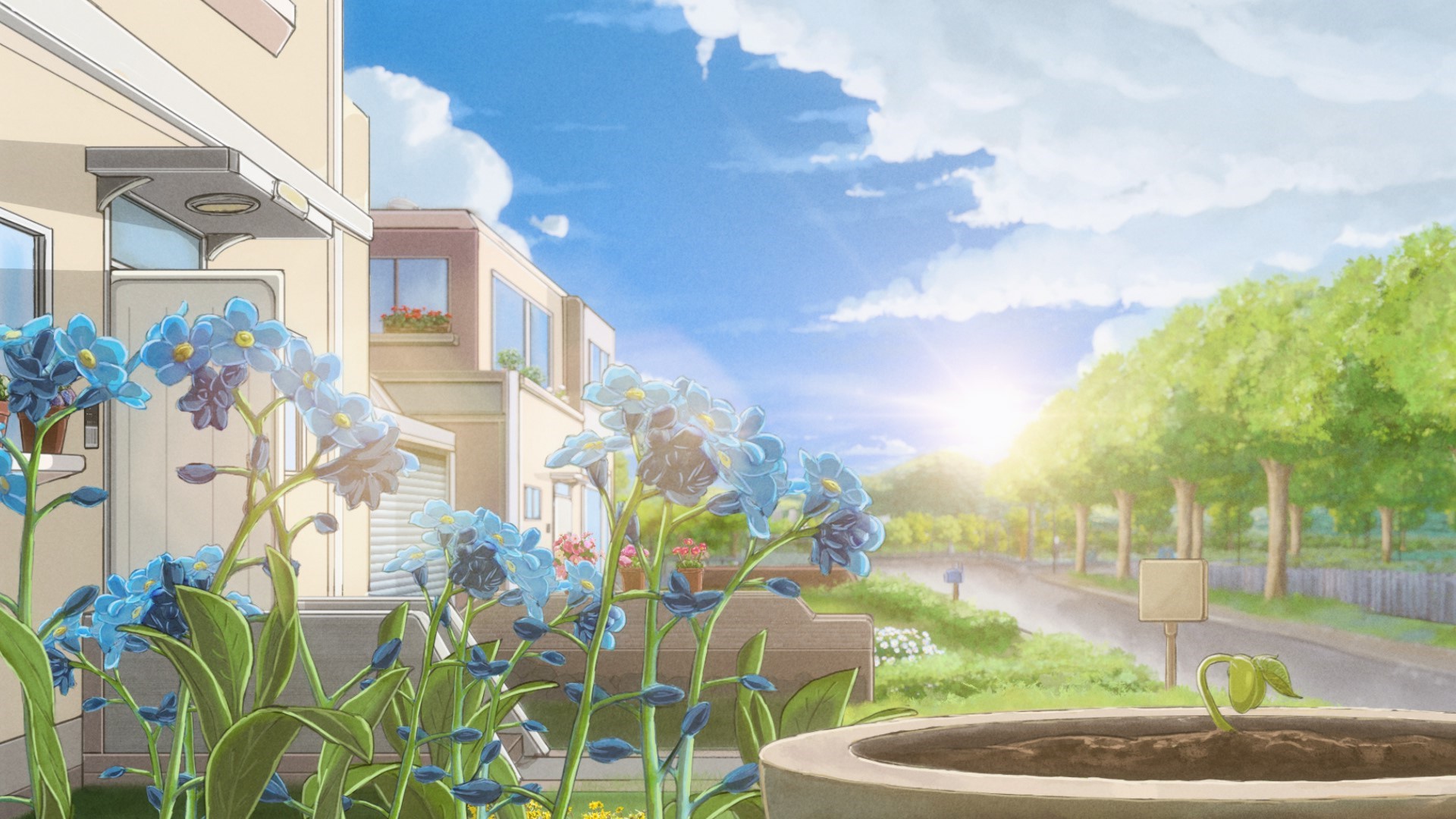 Anime 1920x1080 outdoors digital art morning grass nature plants flowers anime sky clouds outskirts