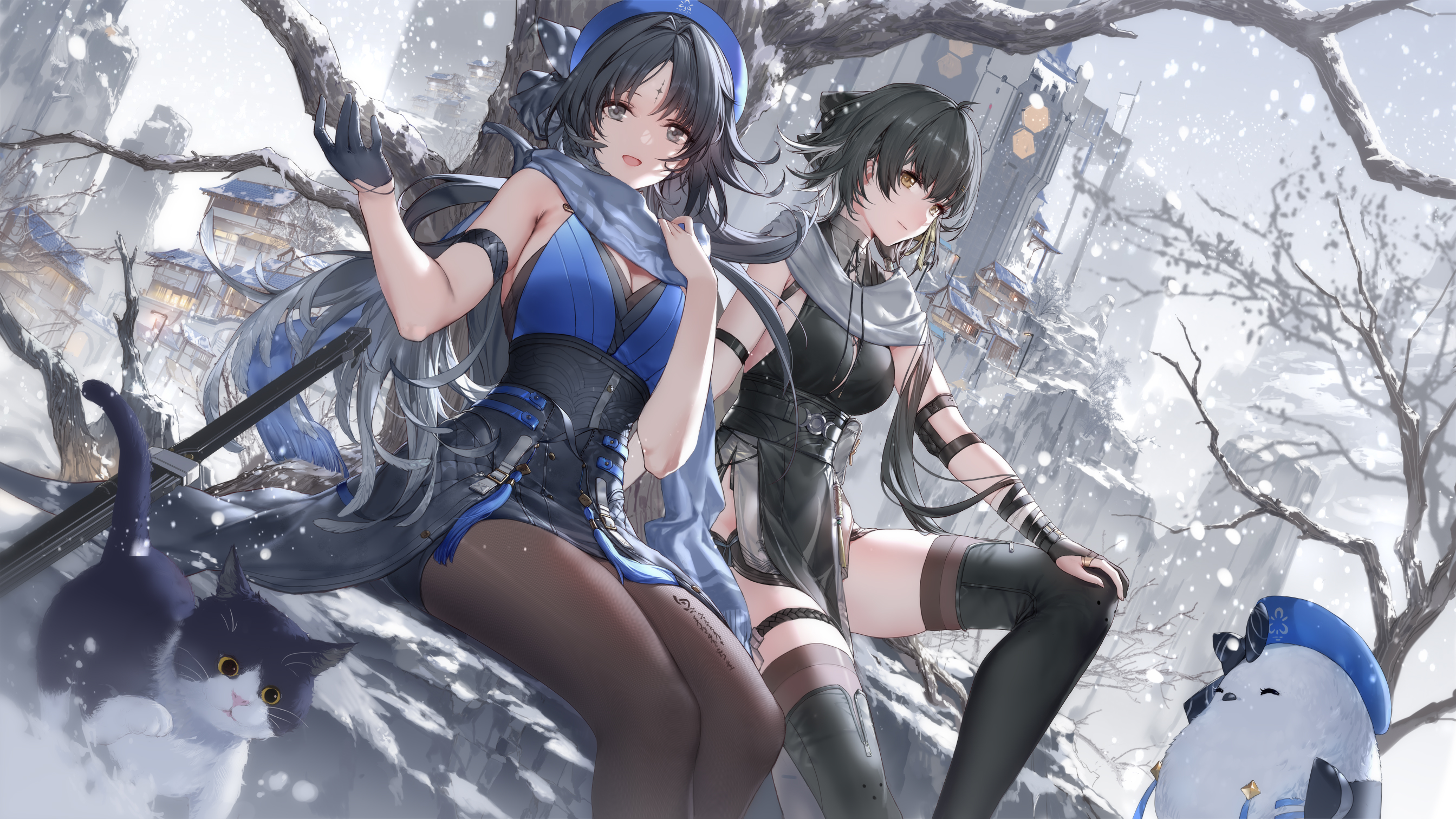 Anime 2688x1512 Wuthering Waves sitting Yangyang (Wuthering Waves) Female Rover (Wuthering Waves) two women long hair thigh-highs black dress blue dress snowing Swd3e2 animals snow trees gloves anime girls missing glove open mouth scarf branch black thigh highs hair between eyes building tassels hands on knees