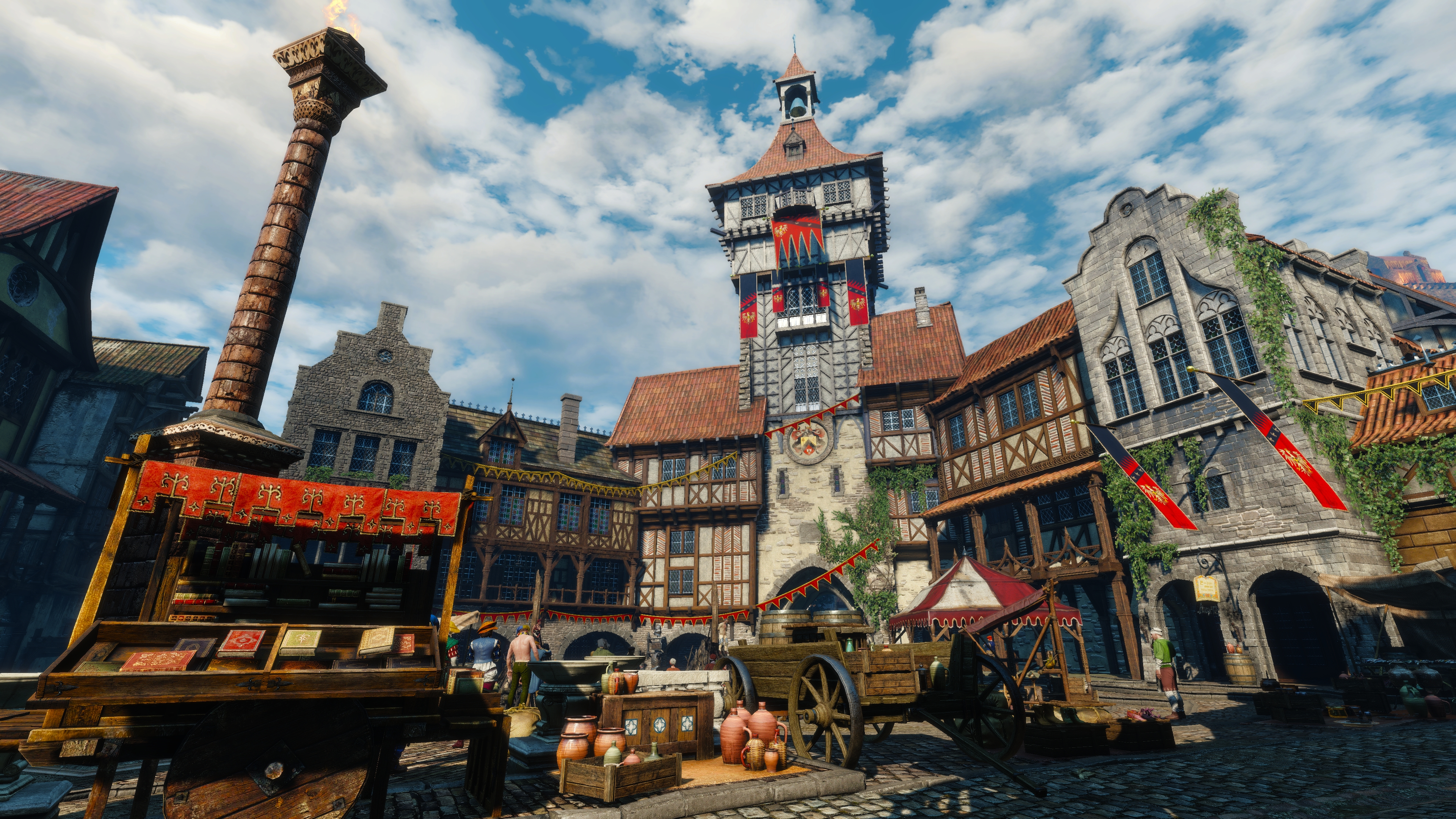General 3840x2160 The Witcher 3: Wild Hunt screen shot PC gaming Novigrad video game art video games building sky clouds sunlight architecture flag people books CGI