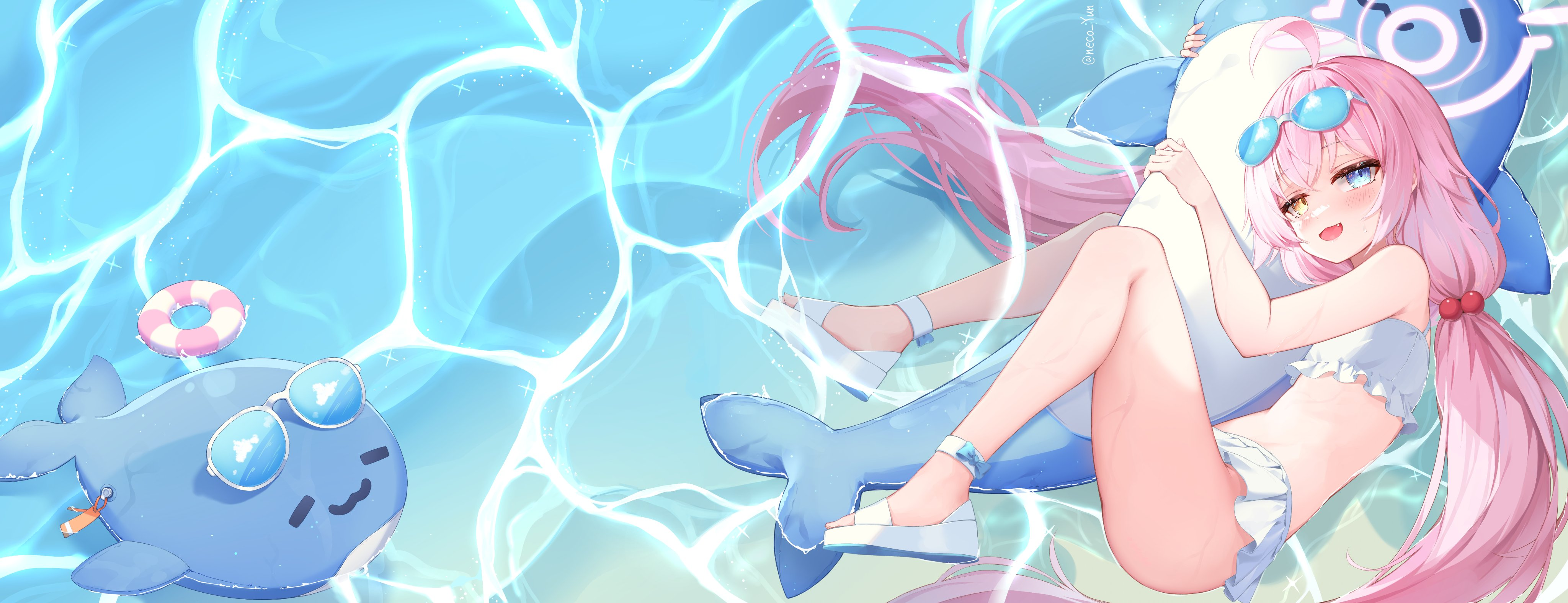 Anime 4096x1575 Takanashi Hoshino (Blue Archive) Blue Archive swimwear long hair pink hair heterochromia sunglasses lying on side high angle lying down open mouth looking at viewer water floater blushing bent legs ahoge shallow water loli