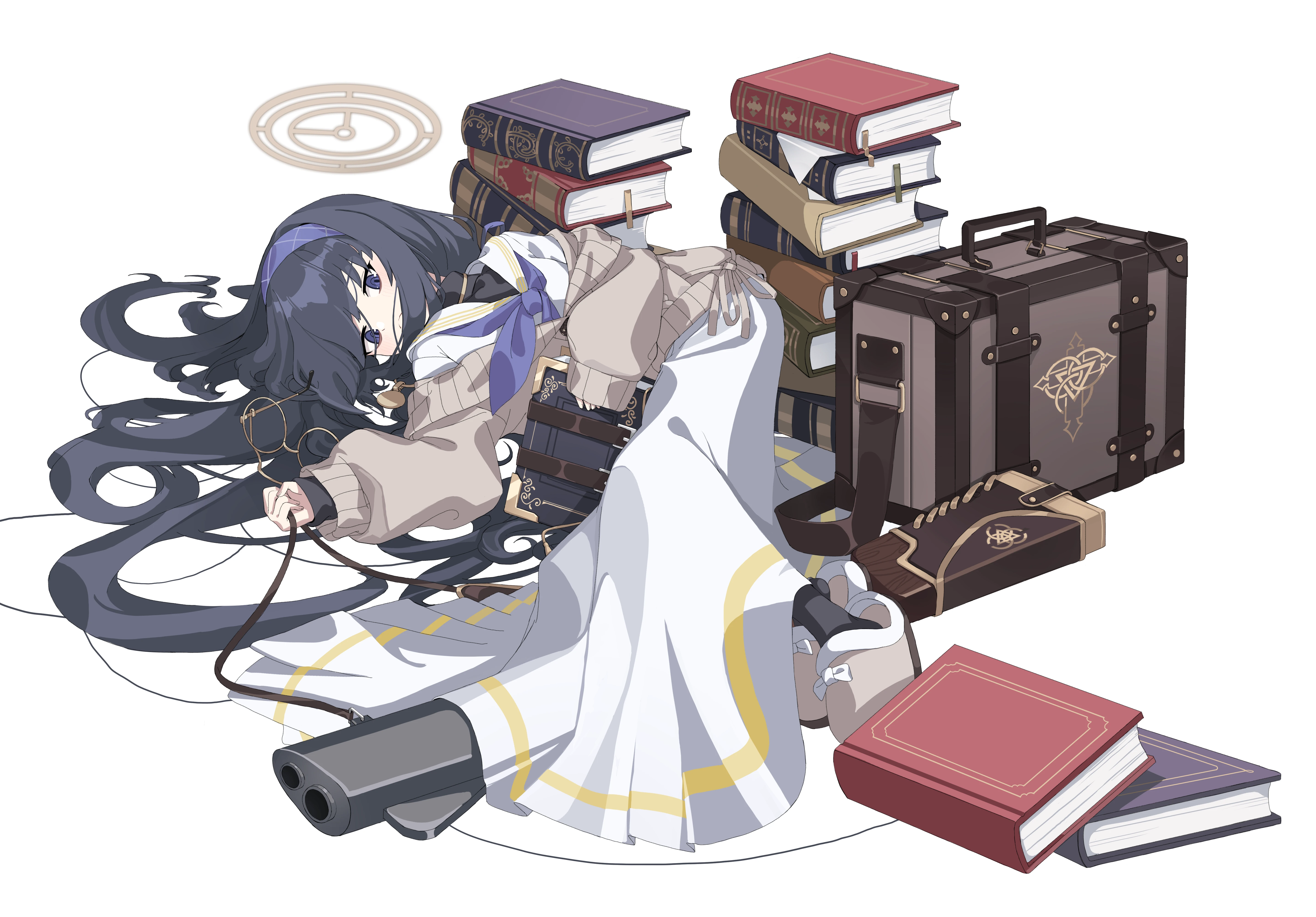 Anime 5742x4000 Blue Archive anime girls anime dark blue hair books lying down white background dress looking at viewer long hair lying on back dark eyes glasses women with glasses simple background gun girls with guns luggage toombo12