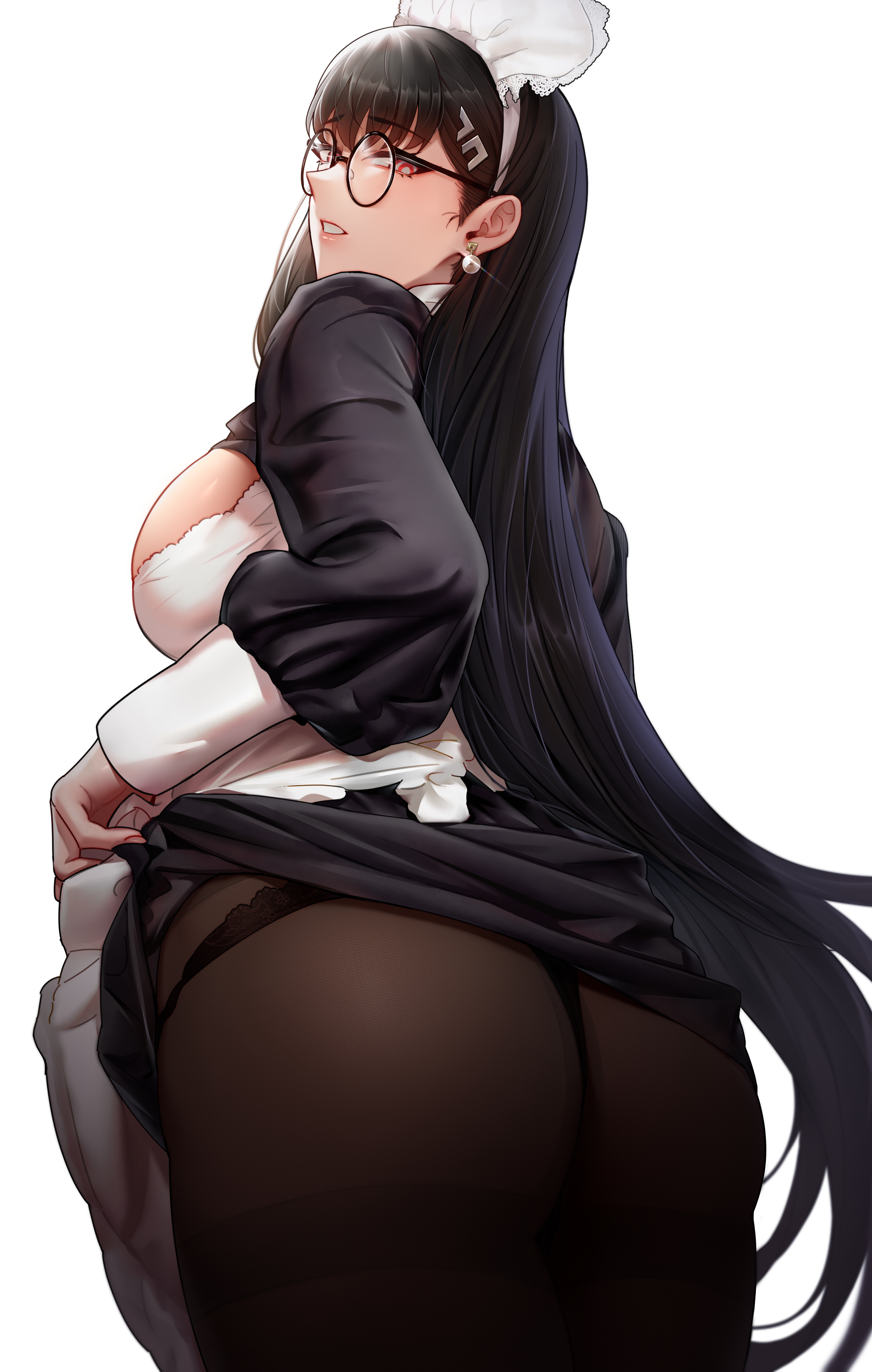 Anime 2064x3247 Blue Archive huge breasts portrait display anime girls Tsukatsuki Rio black hair looking back long hair red eyes looking at viewer maid outfit parted lips hair ornament headdress black underwear panties black panties underwear lifting dress white apron simple background ass white background thighs pantsu shot long sleeves sideboob open mouth Hua-J thong maid black thong standing glasses women with glasses