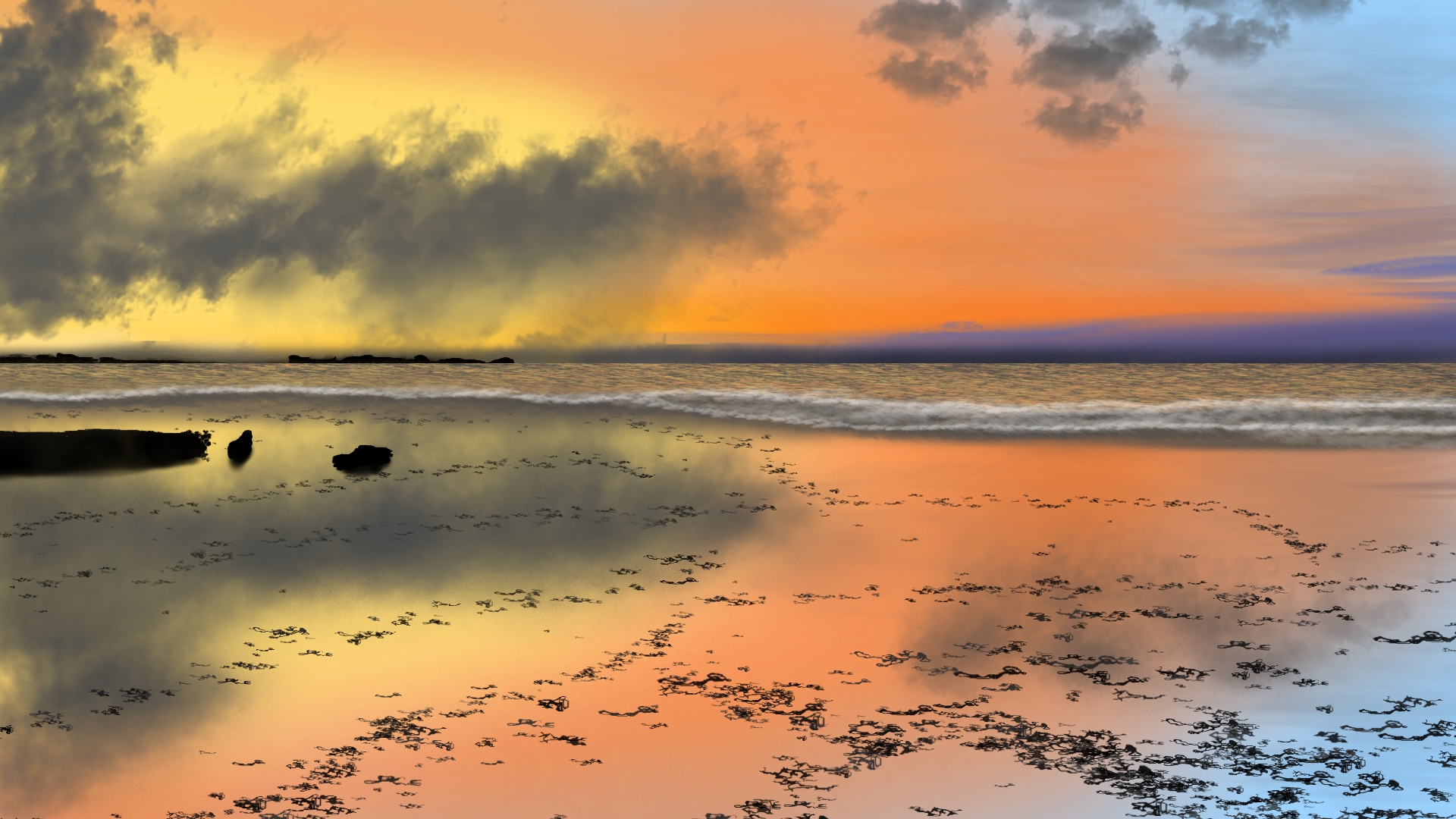 General 1920x1080 digital painting digital art beach colorful landscape horizon water waves sky sunset glow sunlight
