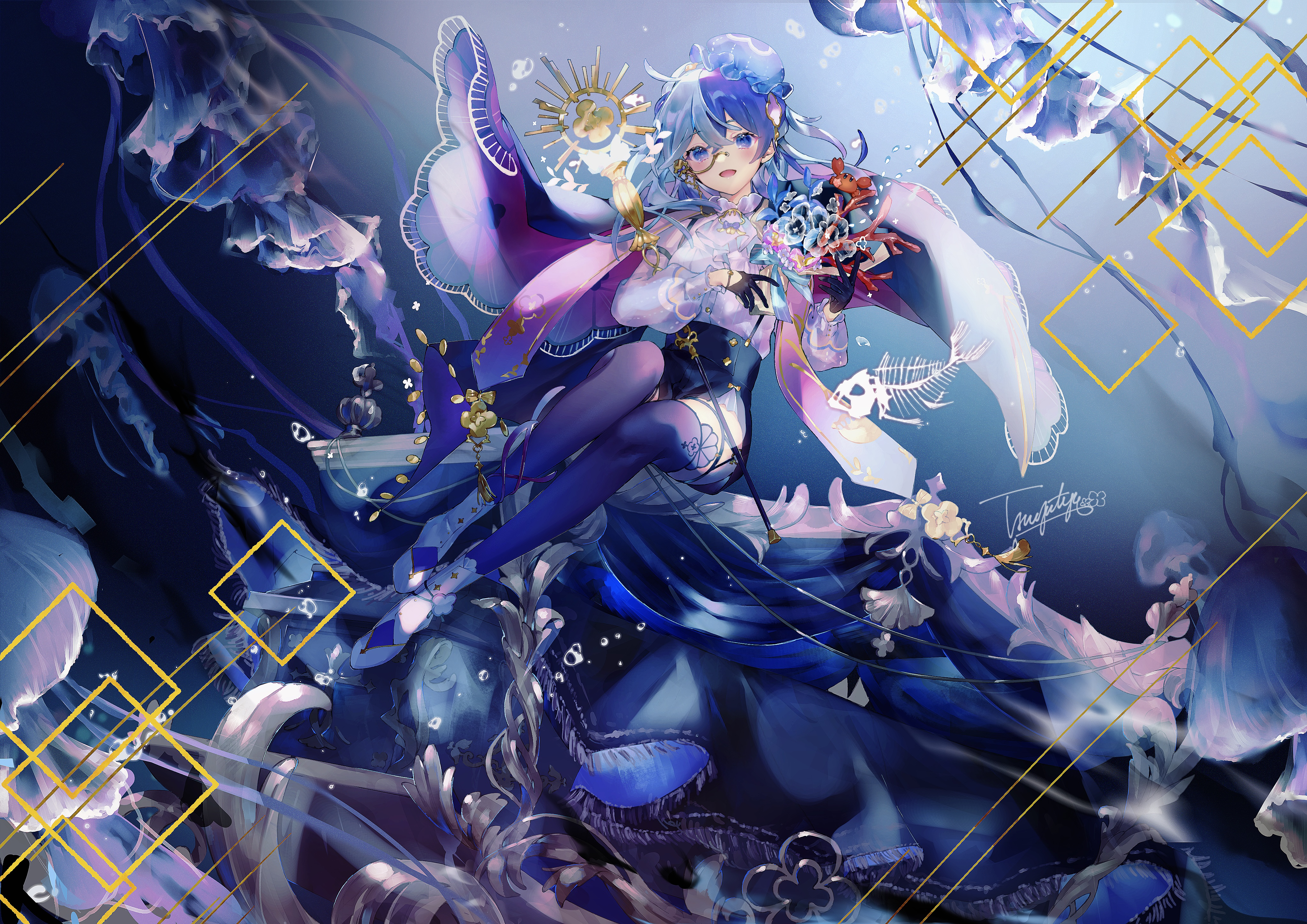 Anime 4092x2894 anime anime girls colorful hair between eyes jellyfish underwater fish bones water signature bent legs thigh-highs long hair blue eyes two tone hair animals bubbles open mouth smiling half gloves black gloves gloves