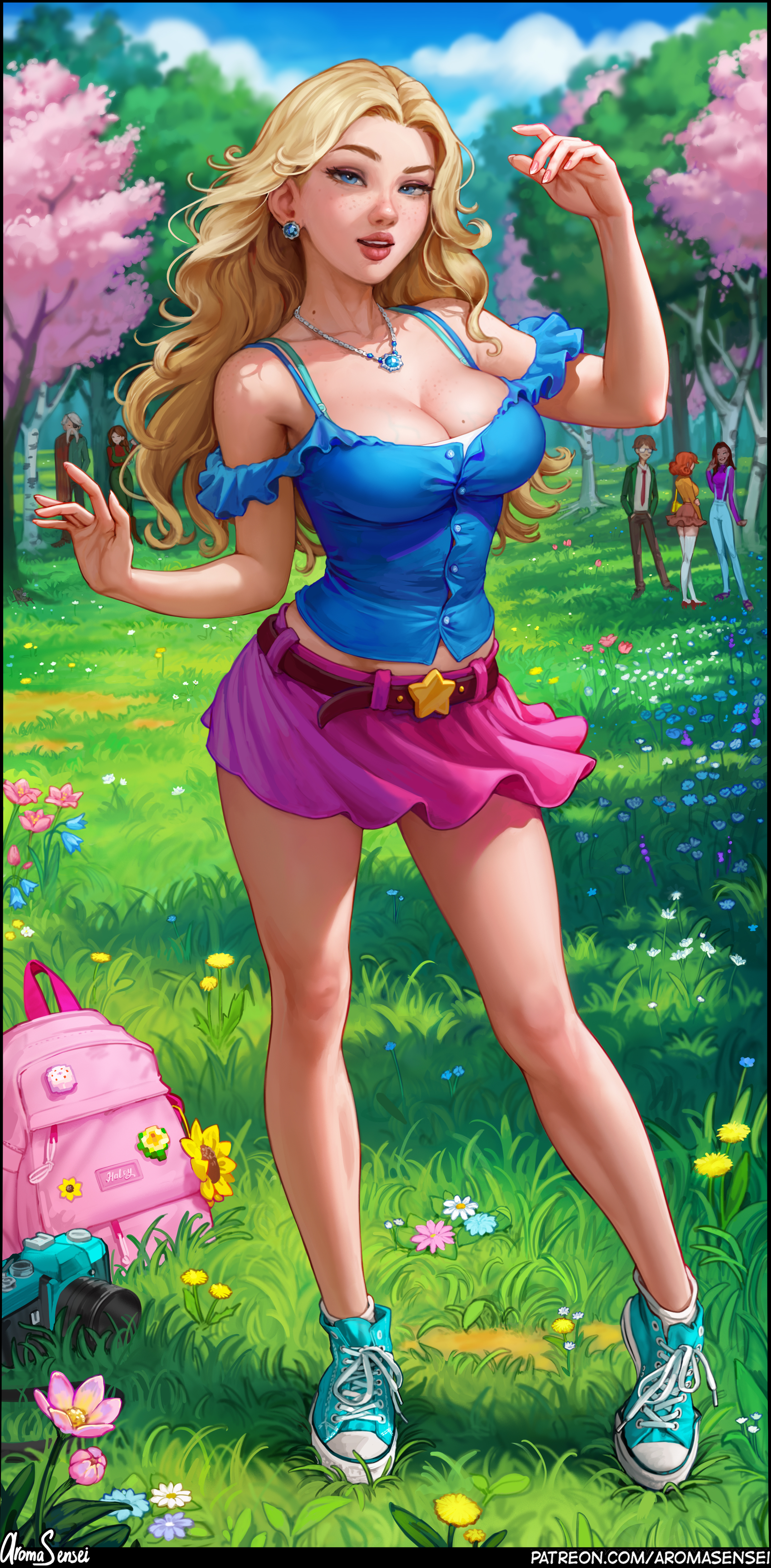 General 2454x4992 Haley (Stardew Valley) Stardew Valley blonde artwork drawing fan art Aroma Sensei spring blue tops miniskirt spread legs standing outdoors frontal view cleavage long hair parted lips looking at viewer grass sneakers blue eyes watermarked video games skirt video game girls portrait display sunlight digital art
