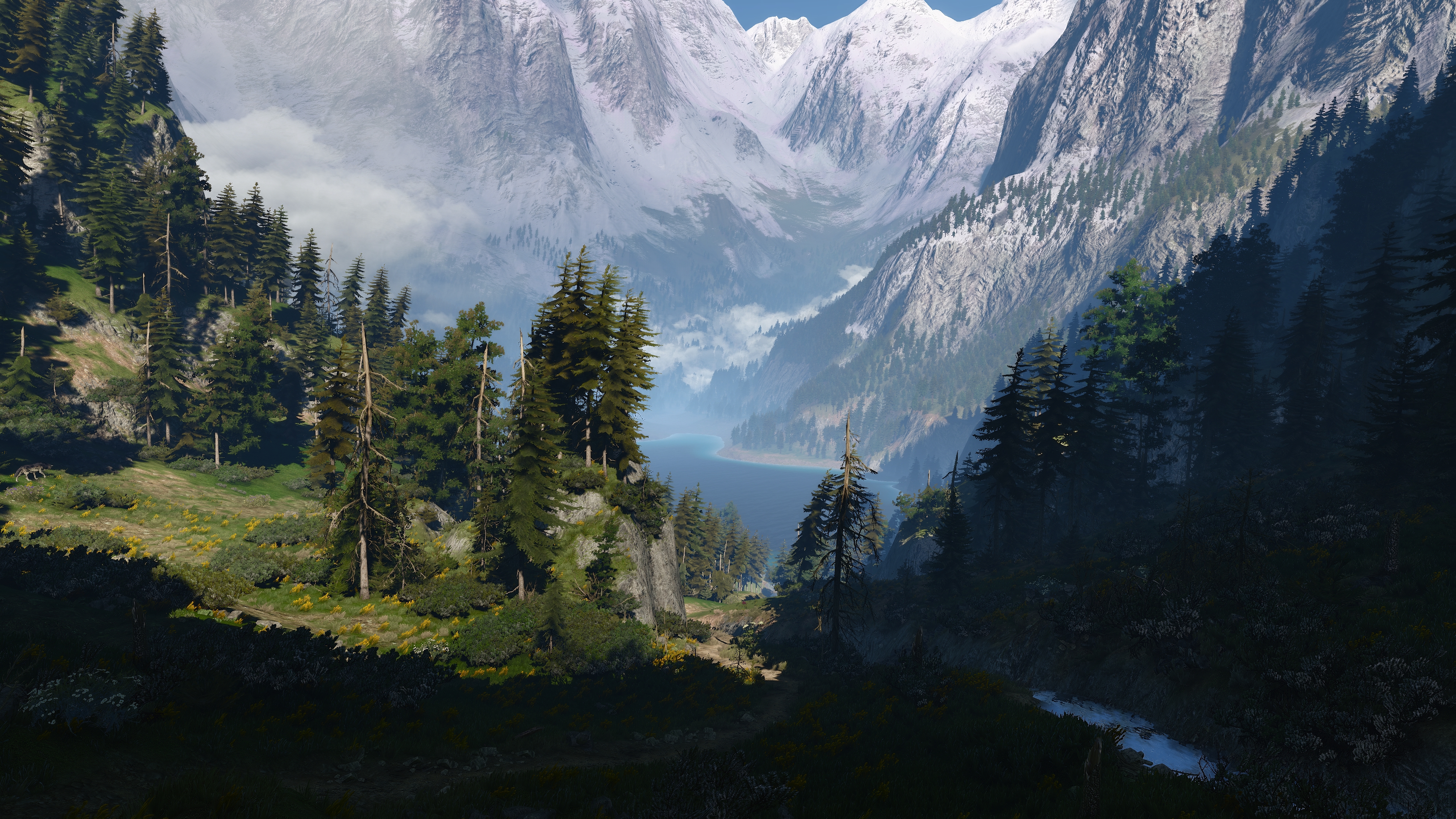 General 3840x2160 The Witcher 3: Wild Hunt screen shot PC gaming Kaer Morhen video games video game art digital art mountains water lake trees clouds snow forest CGI sunlight landscape nature