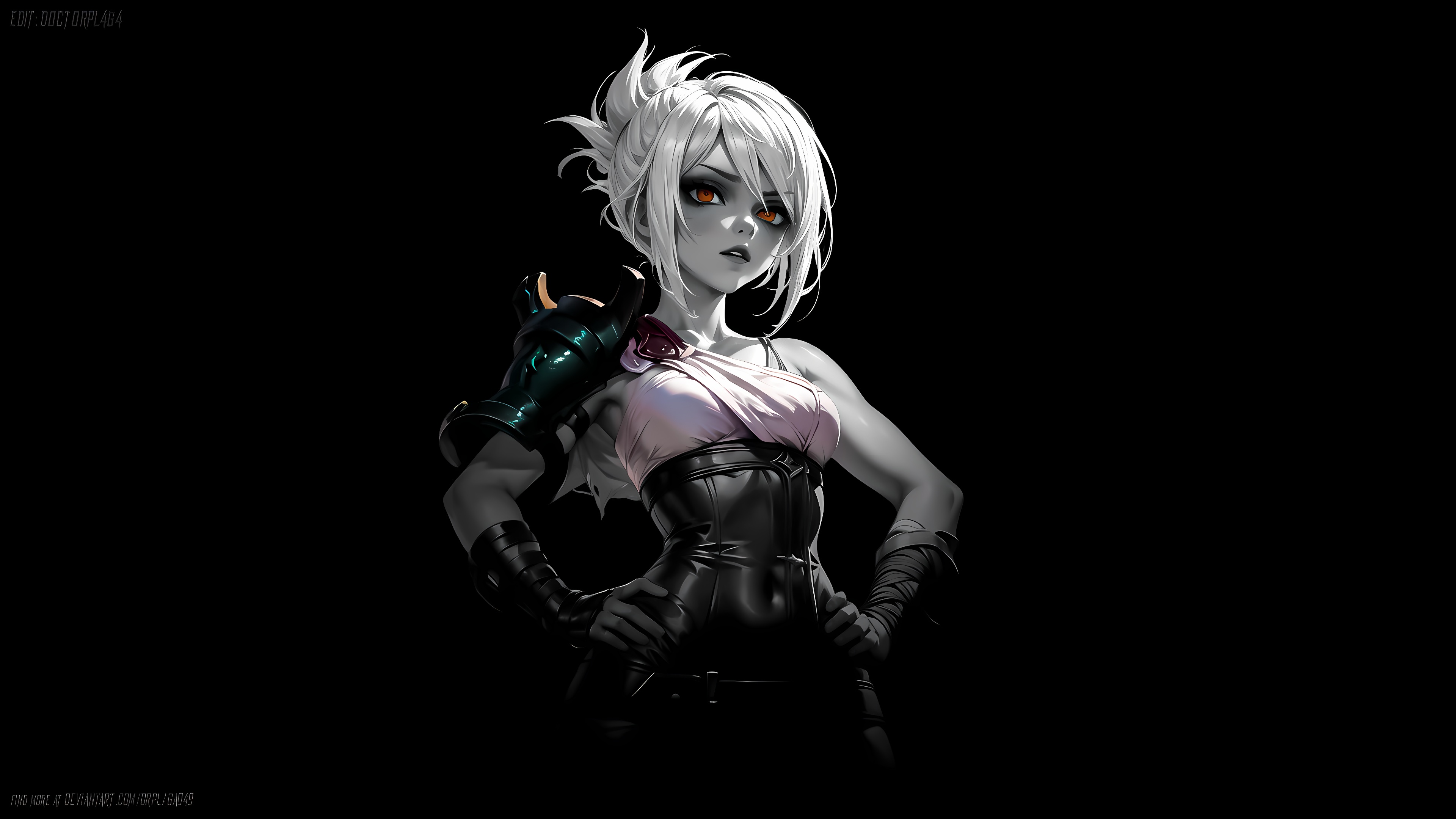 General 3840x2160 Riven (League of Legends) dark background AI art simple background skinny League of Legends standing slim body hands on hips short hair parted lips