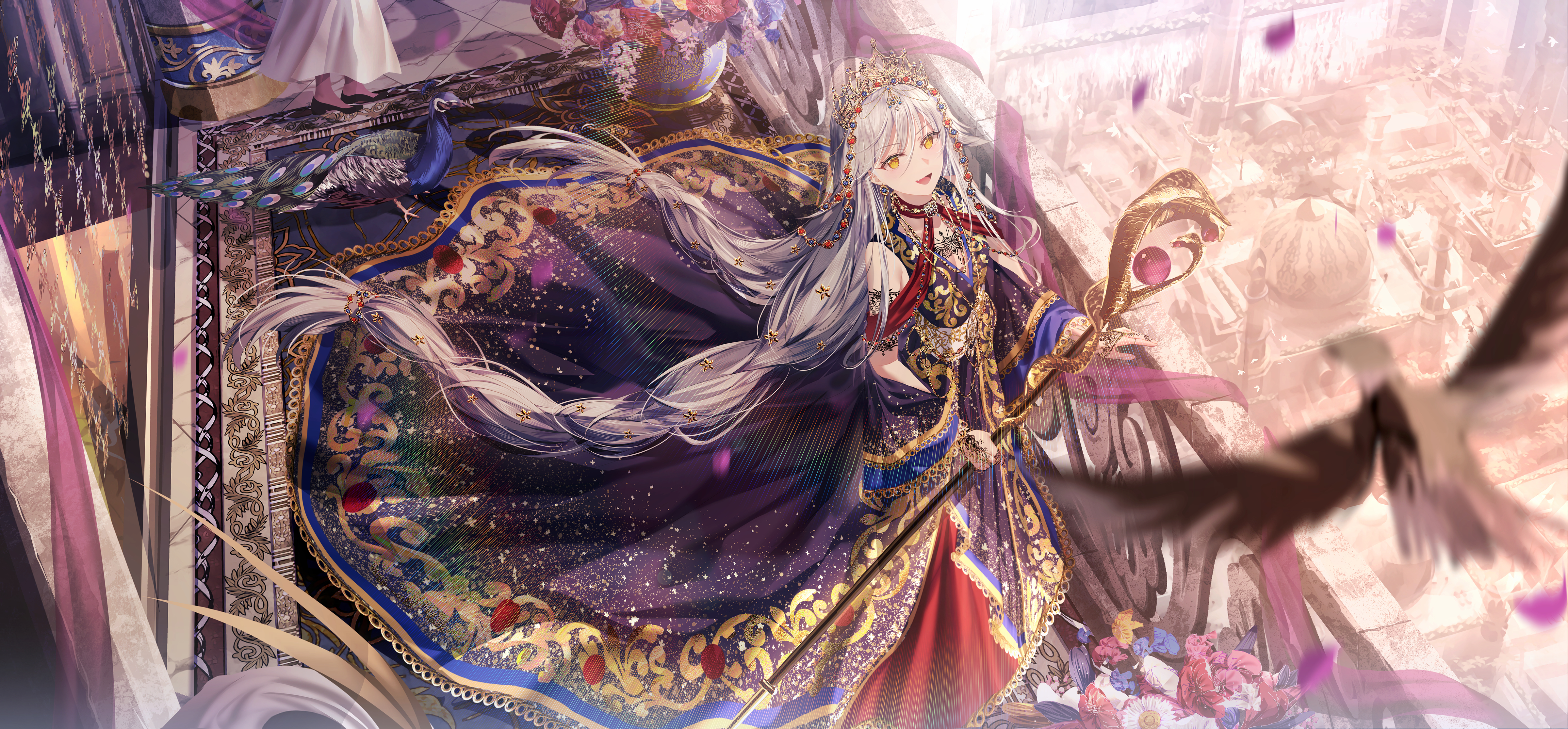 Anime 4800x2232 anime girls yellow eyes silver hair high angle long hair smiling jewelry birds dress petals twintails