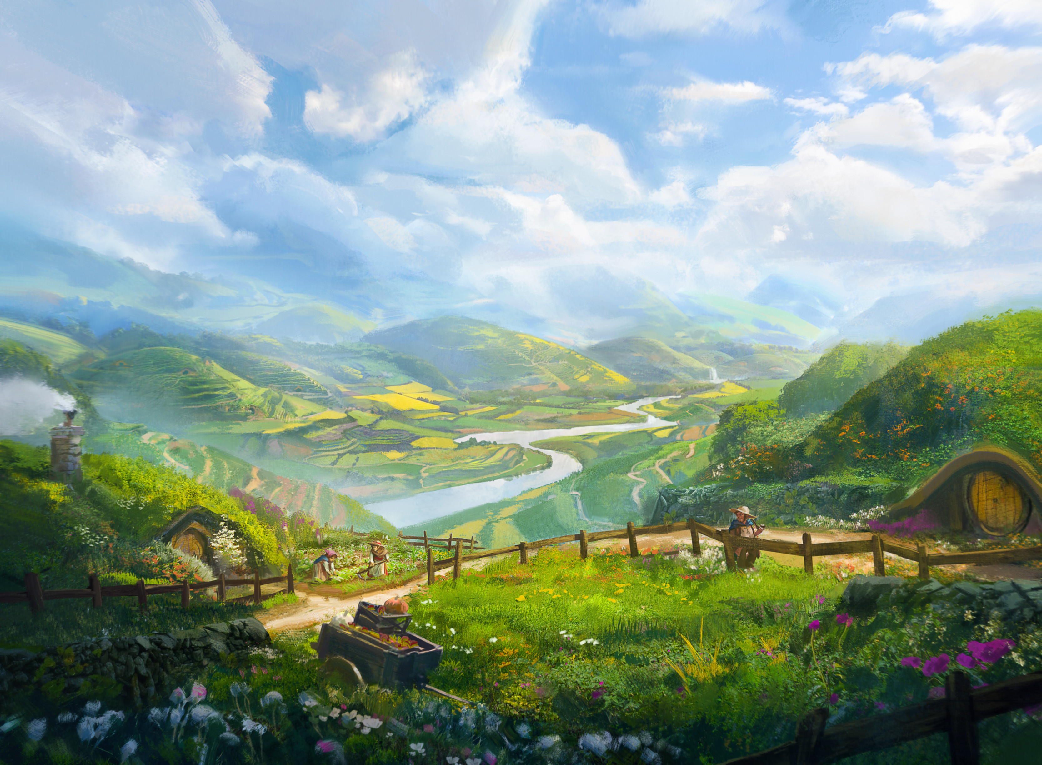 General 3334x2449 artwork digital art river nature mountains The Shire The Lord of the Rings clouds Hobbits sky landscape flowers path Hobbiton hills