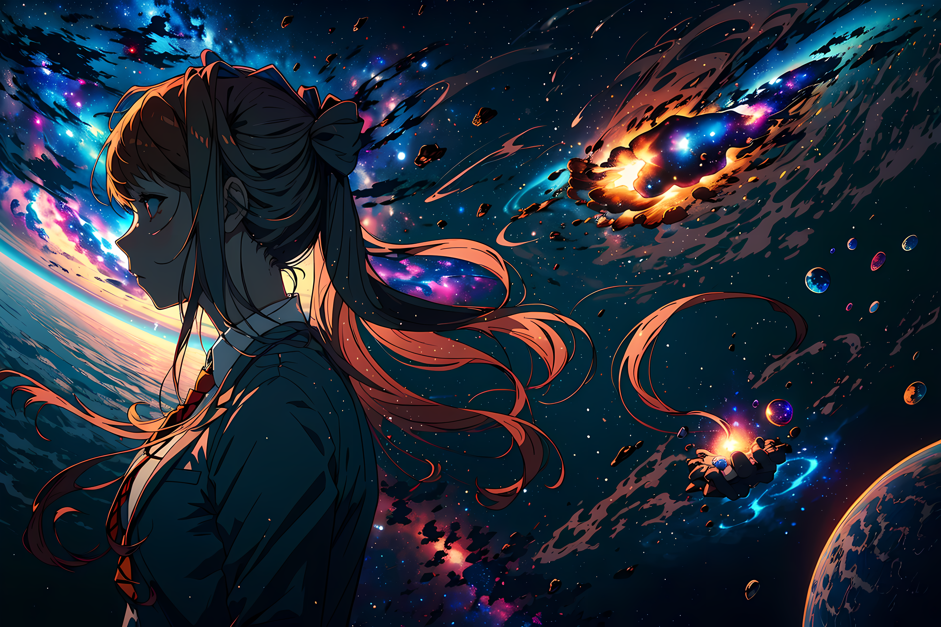 Anime 3072x2048 AI art redhead anime girls long hair schoolgirl school uniform galaxy water drops stars planet looking away