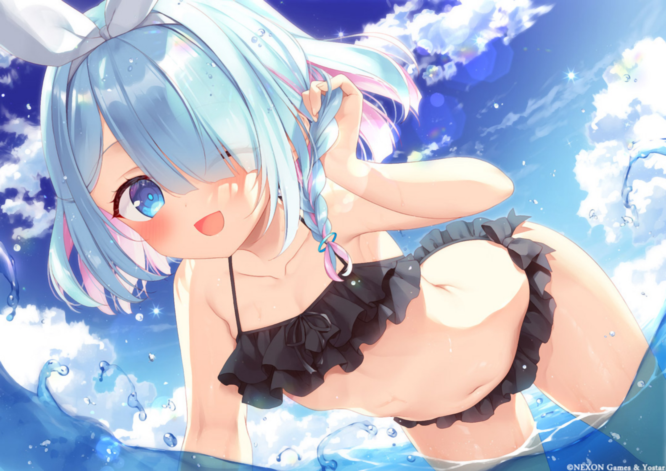 Anime 2160x1528 Arona (Blue Archive) Blue Archive swimwear clear sky beach blue hair blue eyes anime girls clouds sky looking at viewer water water drops hair over one eye sunlight bikini belly belly button