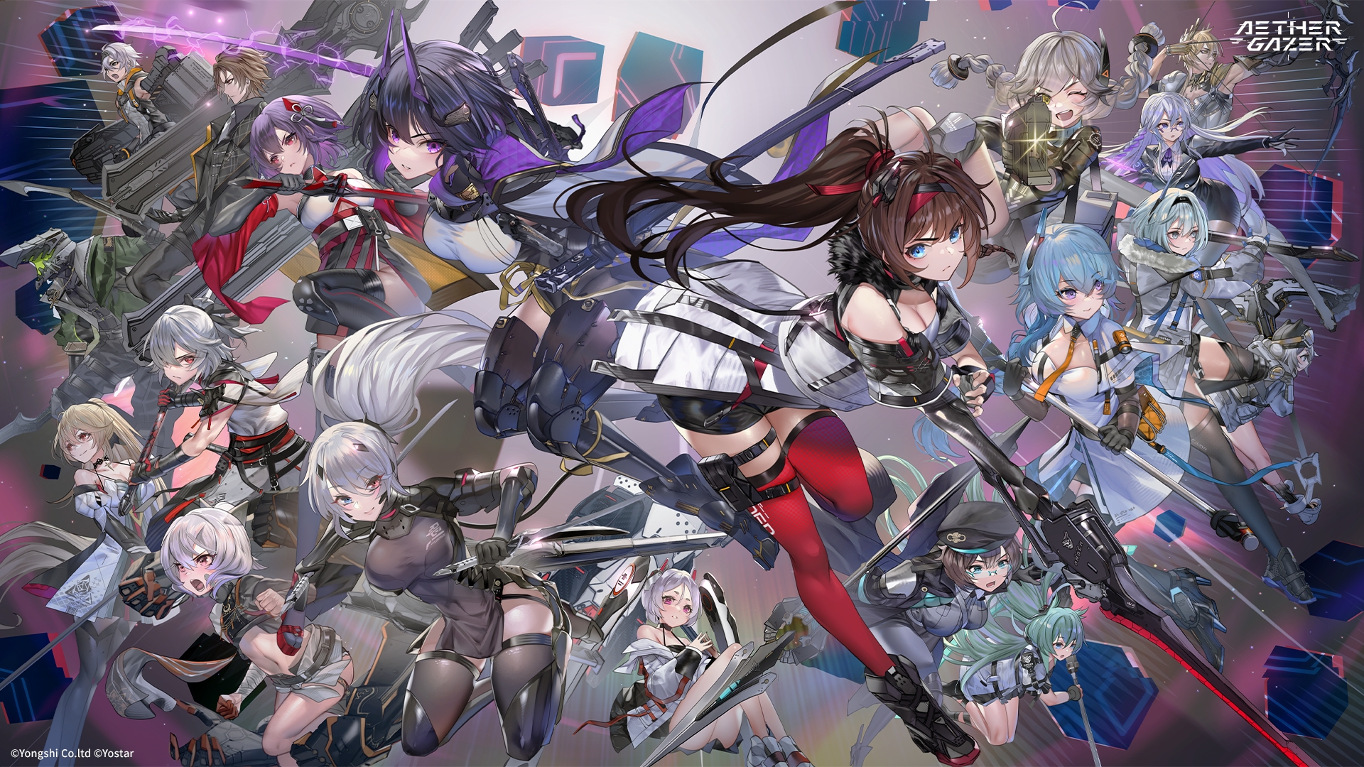 Anime 1920x1080 Aether Gazer anime girls long hair weapon hair over one eye smiling heterochromia ponytail looking at viewer gun girls with guns one eye closed glasses anime boys