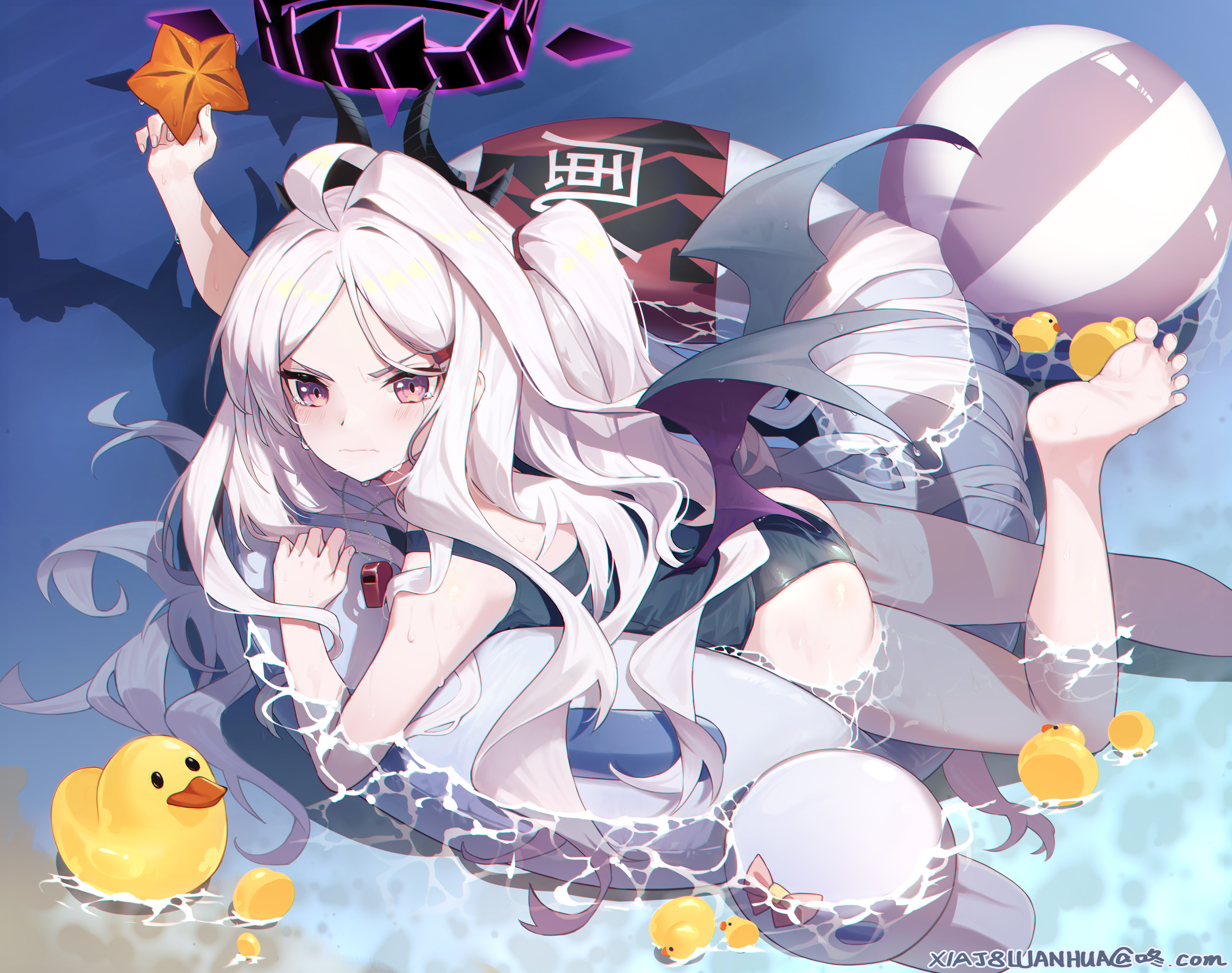 Anime 6334x5000 Sorasaki Hina (Blue Archive) Blue Archive swimwear white hair beach ball anime girls ass water in water angry tears feet lying on front foot sole one-piece swimsuit rubber ducks long hair looking at viewer wet wet body floater fan art