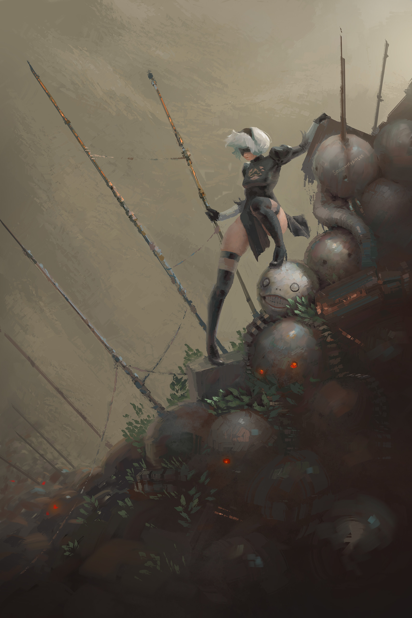 Anime 1706x2560 Nier: Automata 2B (Nier: Automata) anime girls short hair weapon looking away portrait display blindfold video game characters video game girls video games