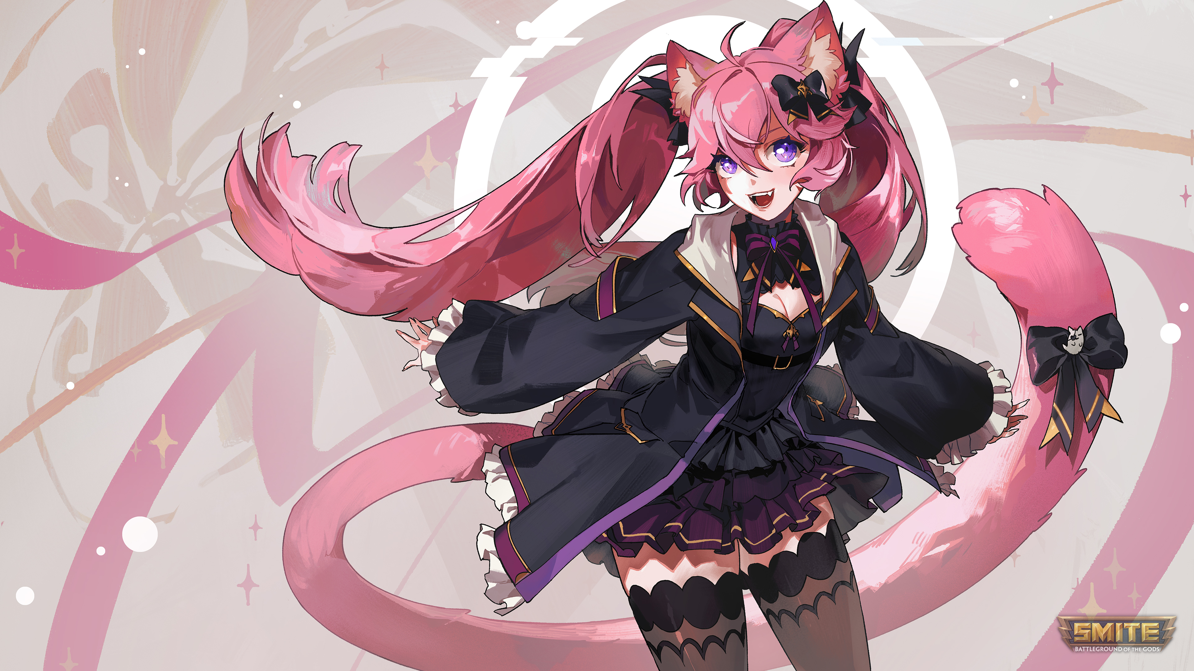 Anime 3840x2160 Smite moba video game characters video game art video game girls video games cat girl cat ears cat tail bow tie stockings looking at viewer twintails long hair