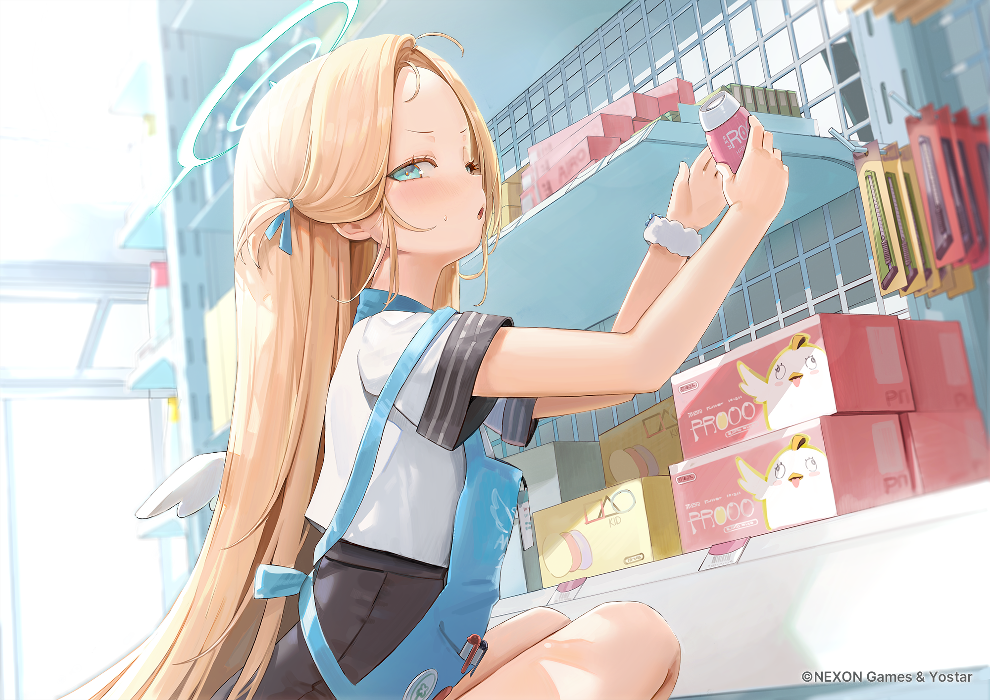 Anime 2000x1415 Blue Archive anime girls blonde blue eyes Sora (Blue Archive) long hair squatting looking at viewer loli