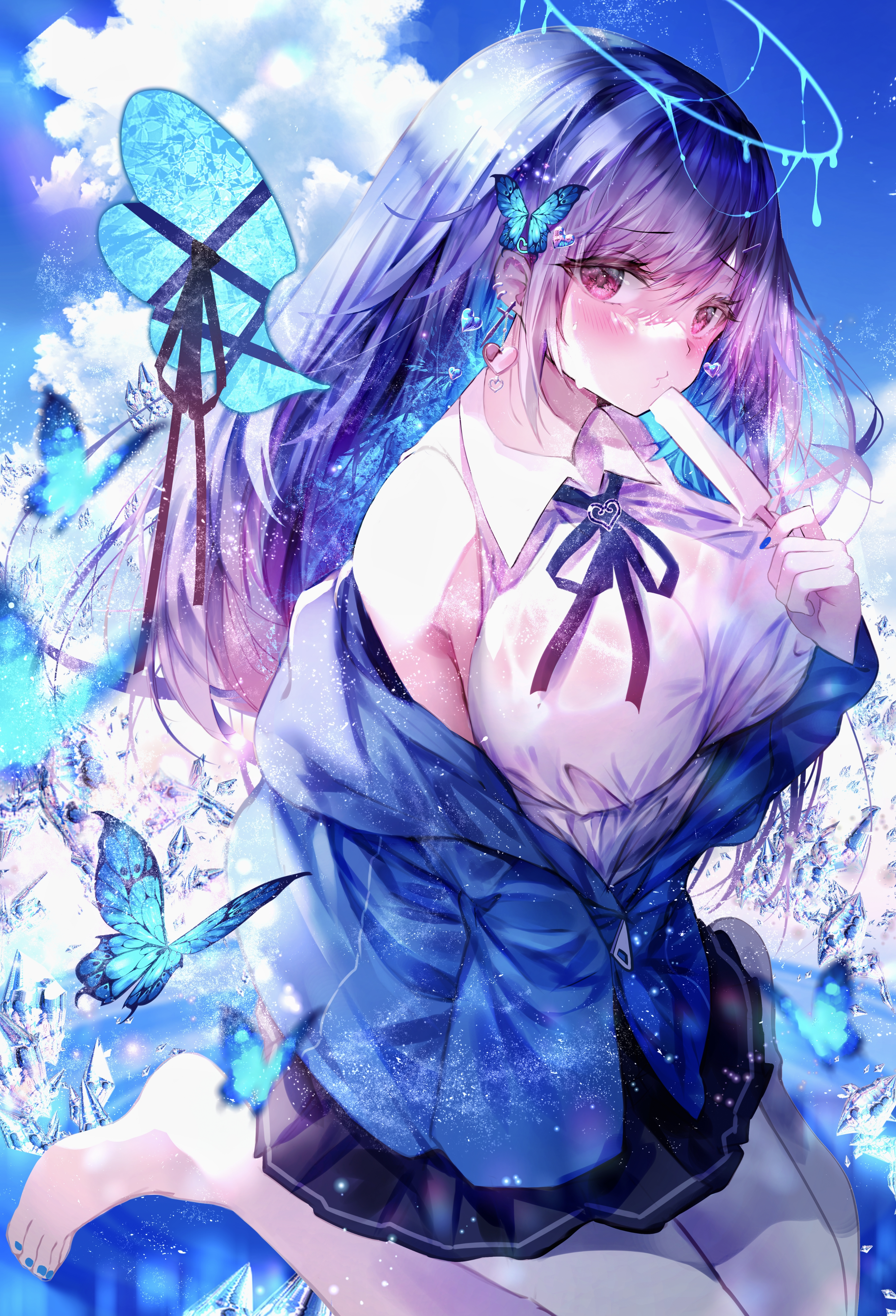 Anime 3052x4480 Pixiv W (artist) anime anime girls portrait display butterfly clouds long hair looking at viewer big boobs blushing earring popsicle feet crystal  insect schoolgirl school uniform halo
