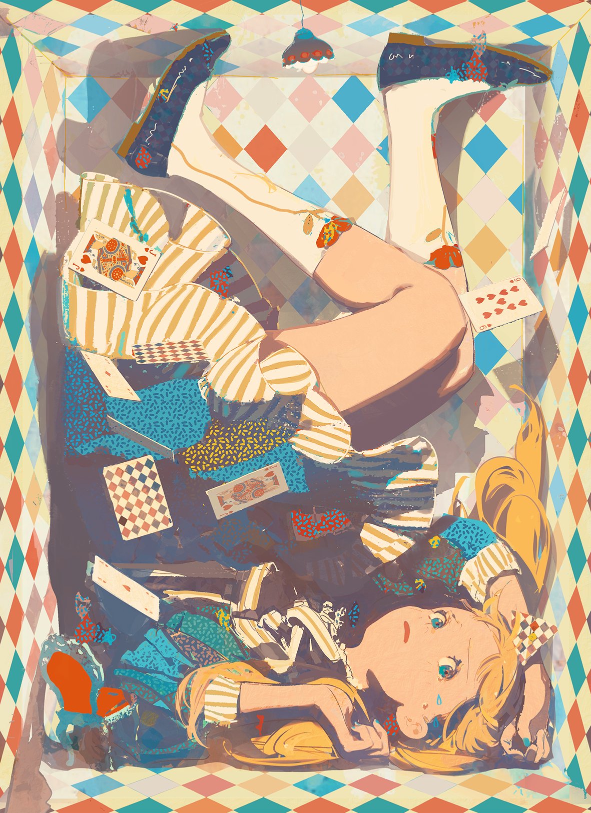 Anime 1181x1625 portrait display Alice in Wonderland cards looking at viewer chair blonde blue eyes