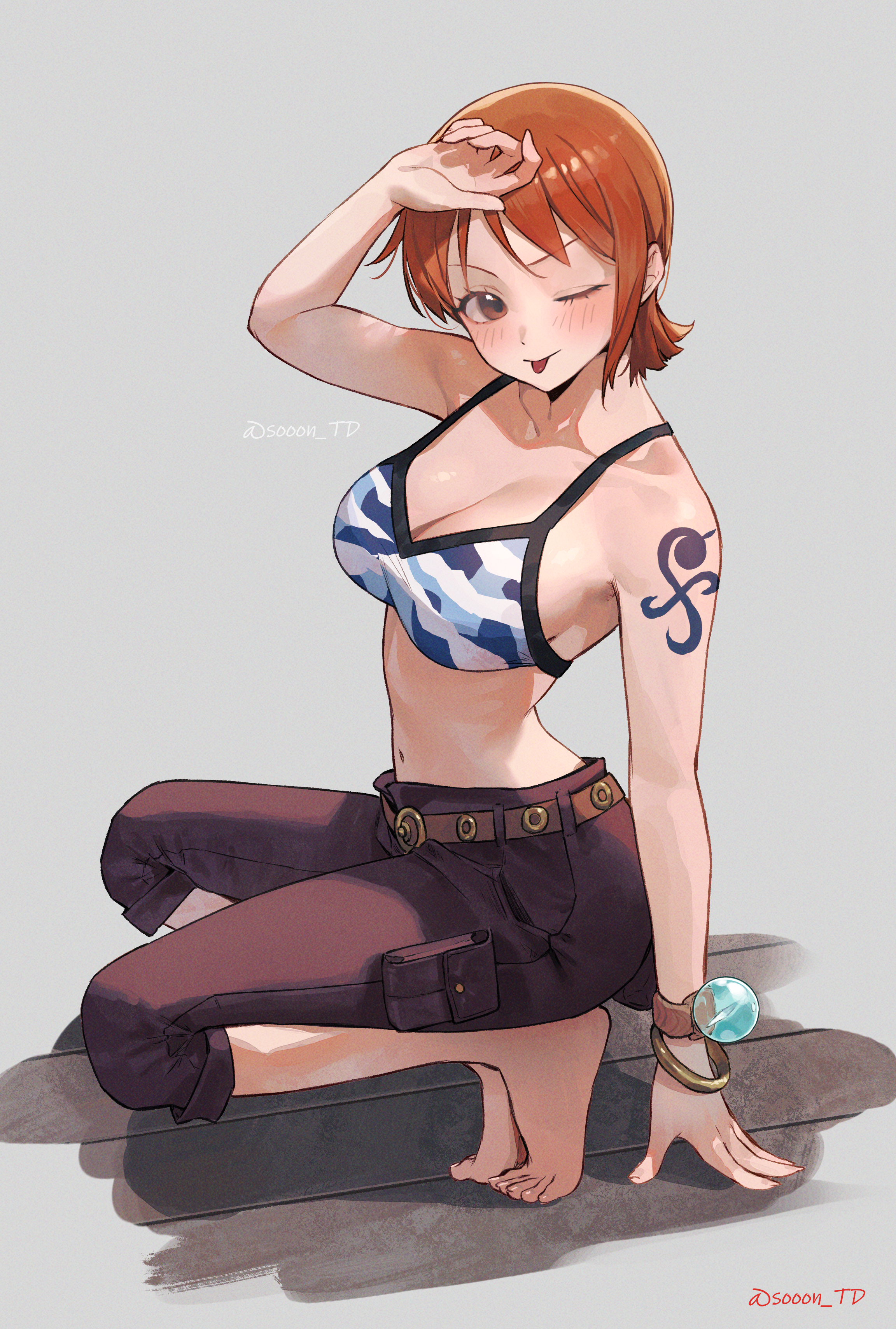 Anime 2304x3416 anime anime girls digital art artwork 2D Pixiv petite belly belly button bare midriff looking at viewer portrait display Nami One Piece tongue out blushing redhead short hair bikini top tattoo bracelets feet simple background Sooon TD