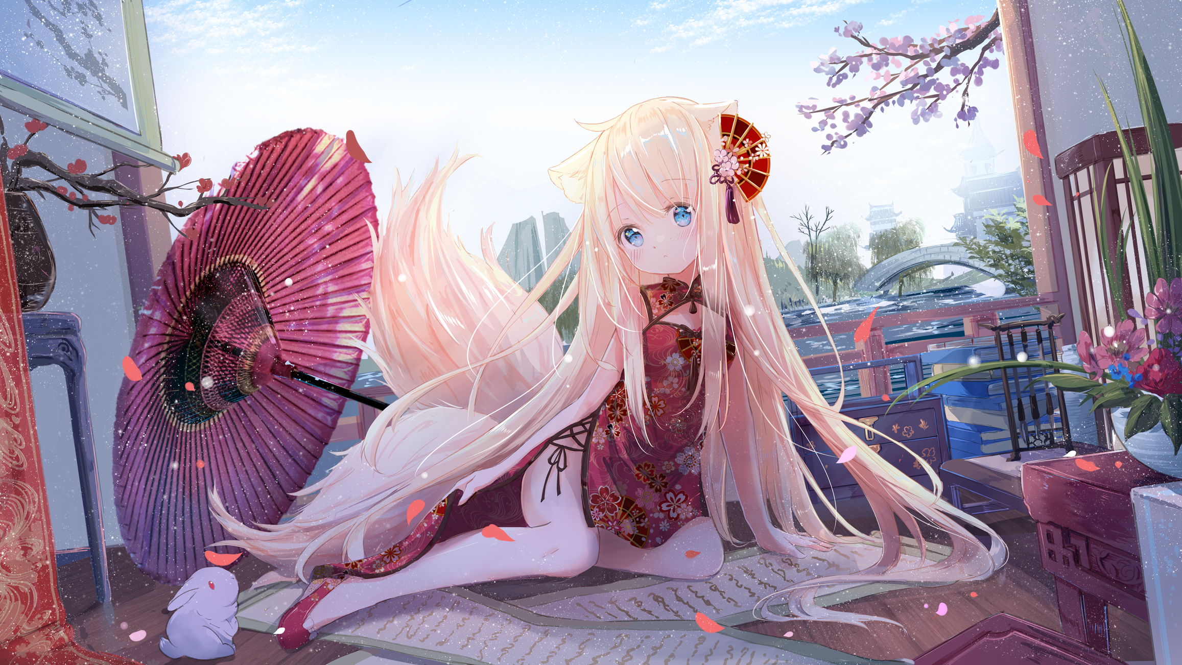 Anime 2314x1302 Chinese clothing anime anime girls fox girl fox ears fox tail long hair Chinese dress rabbits looking at viewer sky clouds branch petals water bridge flowers leaves blonde blue eyes