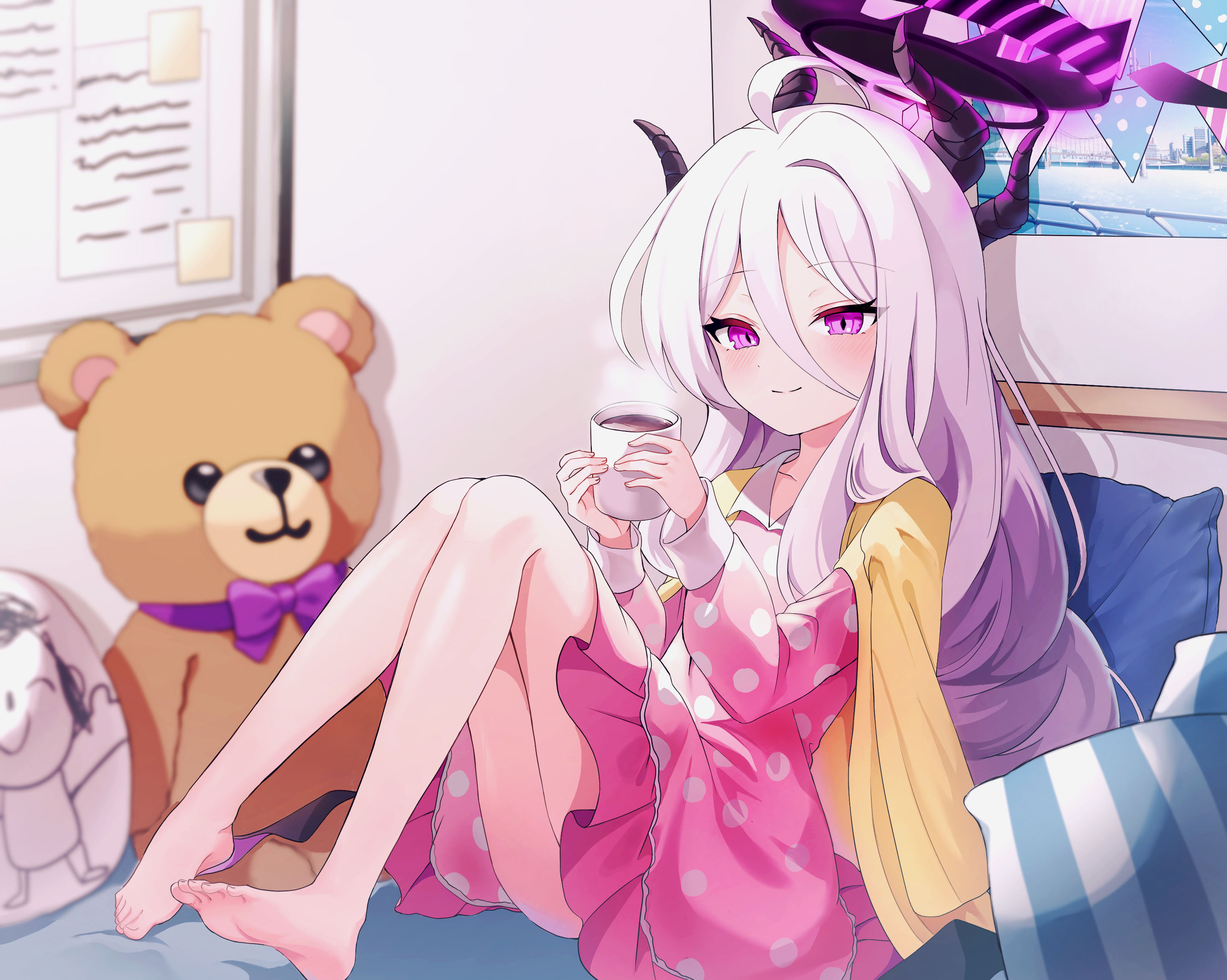 Anime 3035x2424 Blue Archive anime girls video game characters Sorasaki Hina (Blue Archive) white hair demon horns purple eyes smiling long hair horns teddy bears bow tie pyjamas feet foot sole drink cup pillow loli