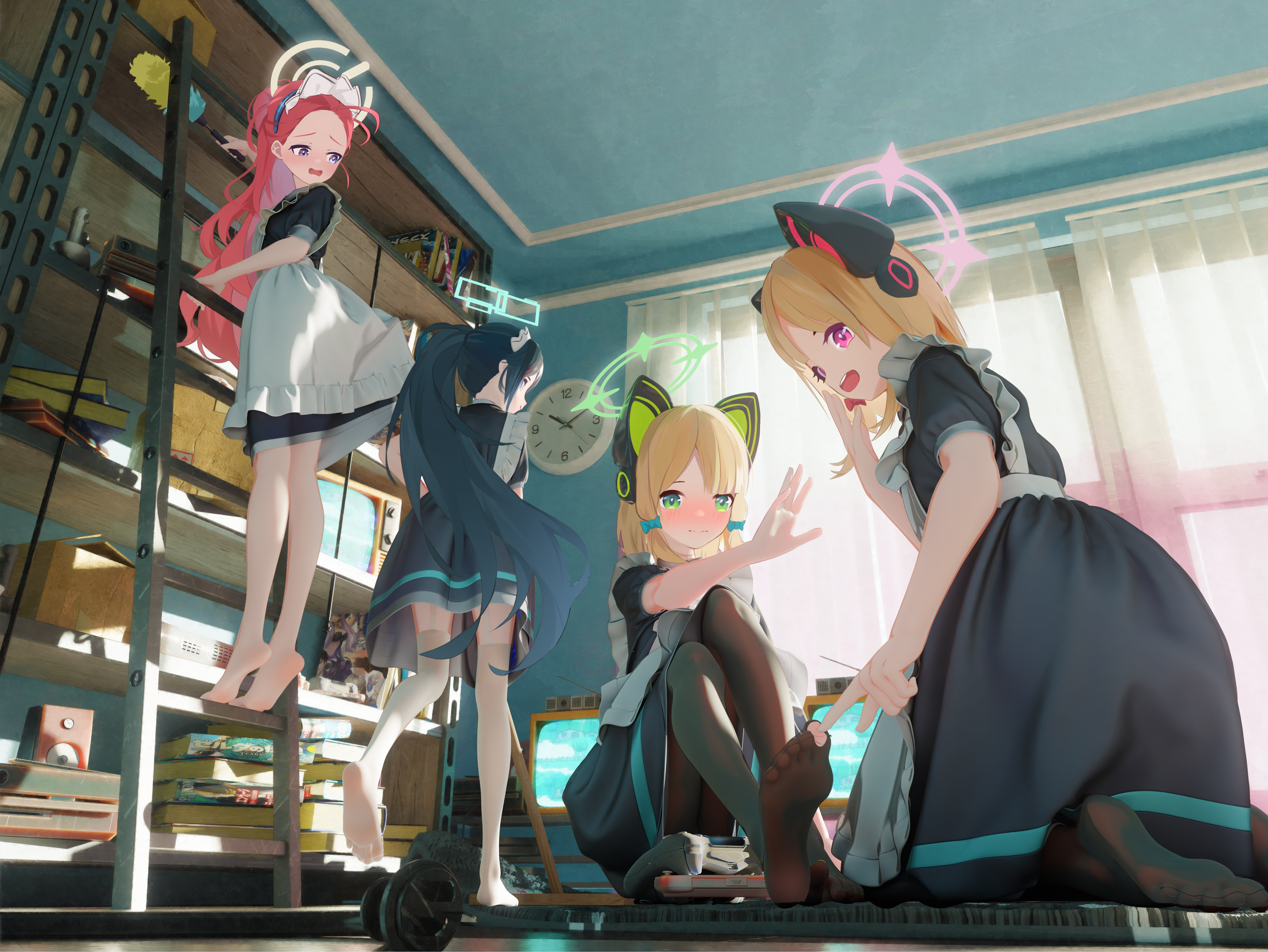Anime 5223x3919 Blue Archive anime girls video game characters Tendou Alice maid fan art cat girl cat ears long hair ponytail maid outfit window curtains sunlight ladder blushing looking at viewer loli