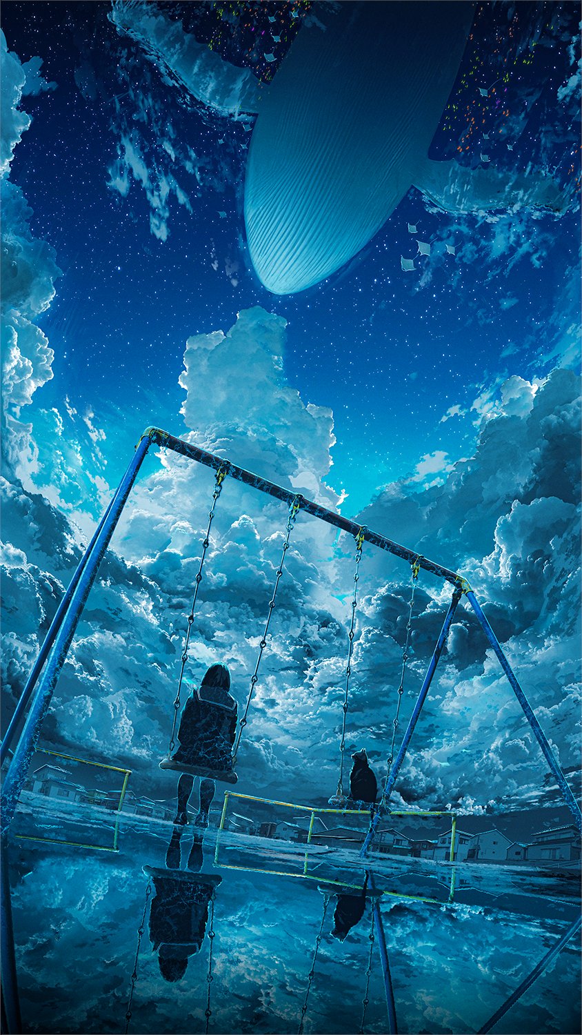 Anime 844x1500 Chocoshi anime girls low-angle reflection cats sky cumulus clouds water flying whales whale starred sky stars animals puddle school uniform house rear view night swings portrait display manta rays socks black socks  schoolgirl knee high socks shoes