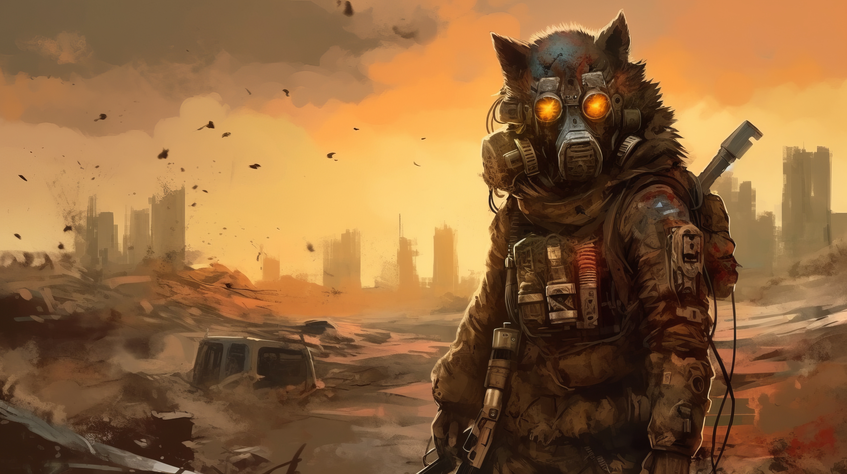 General 2912x1632 AI art illustration post apocalypse hunter landscape mask looking at viewer