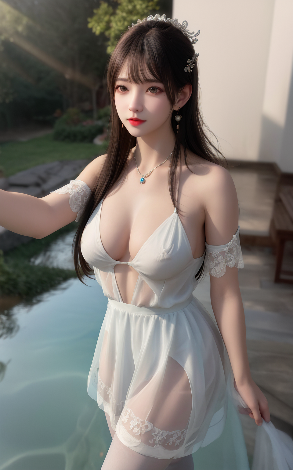General 960x1536 AI art boobs white skirt white dress chinese dress Asian women portrait display long hair earring sunlight water reflection standing cleavage blurred blurry background digital art