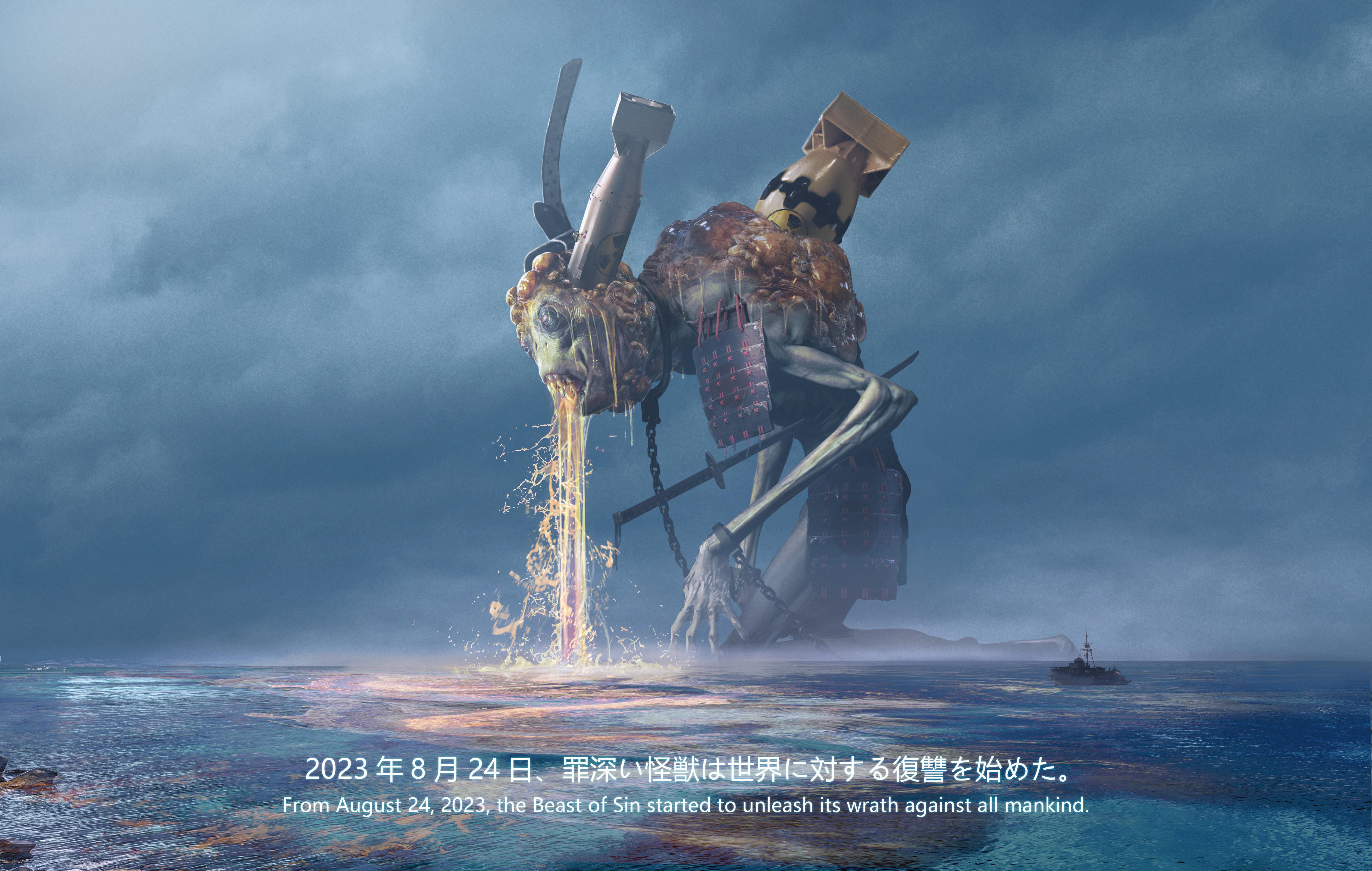General 5050x3207 WuHeQiLin sea nuclear politics sky water text Japanese clouds creature chains digital art giant love propaganda