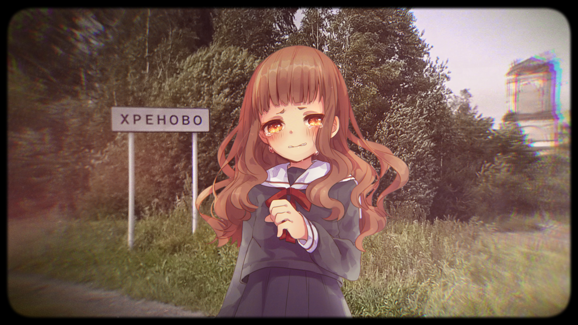 Anime 1920x1080 animeirl sign post crying anime girls tears blushing brunette brown eyes long hair looking at viewer schoolgirl school uniform bow tie trees