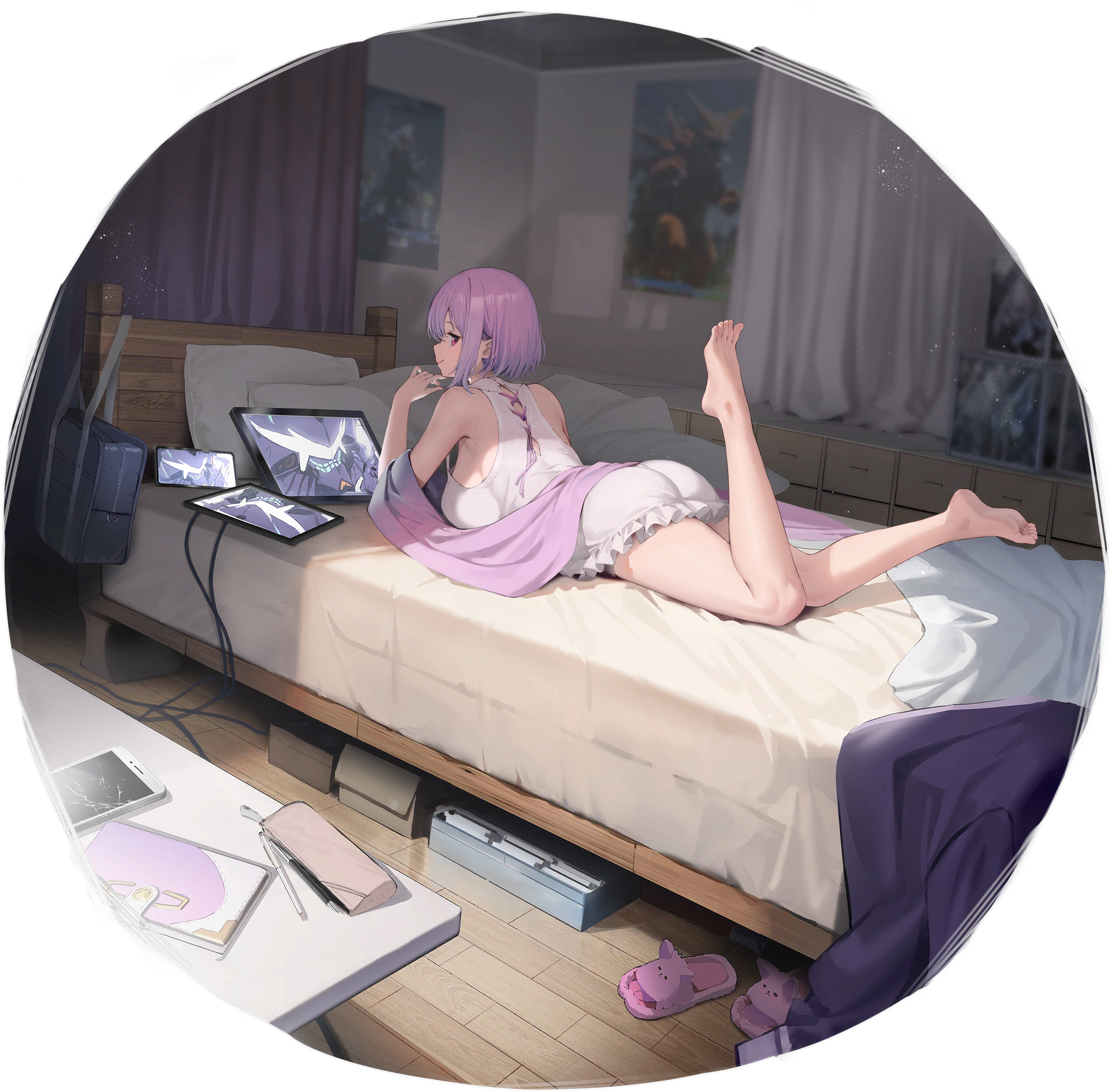 Anime 2048x2010 Azur Lane anime girls lying down lying on front ass big boobs tablet  feet feet in the air short hair looking back looking at viewer bed pillow interior room smiling