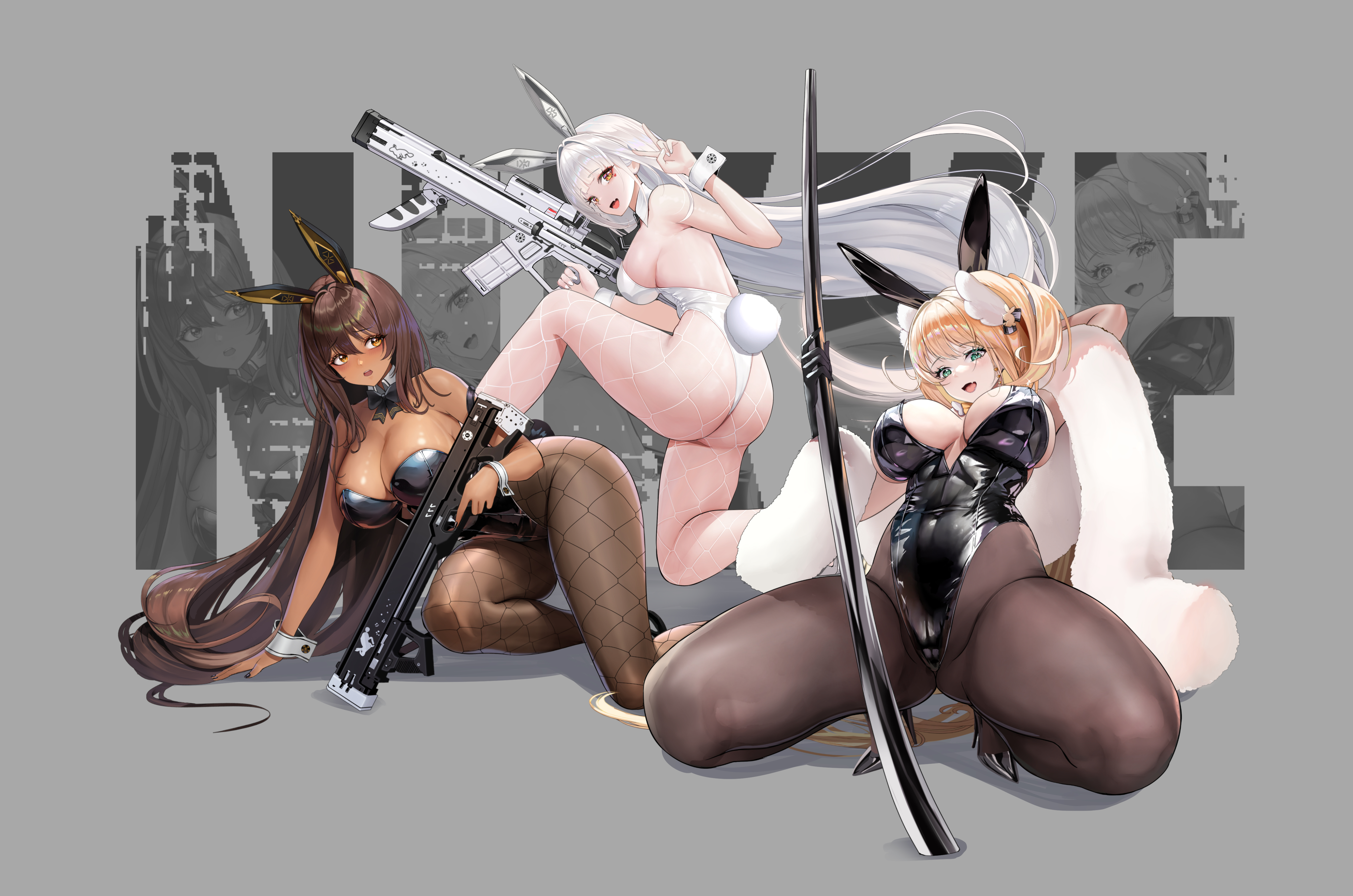 Anime 5000x3312 Nikke: The Goddess of Victory anime girls minimalism gray background weapon simple background tail women trio bunny suit bunny girl bunny tail Rupee (Nikke: The Goddess of Victory) Blanc (Nikke) Noir (Nikke) group of women cleavage animal ears black leotard white leotard pantyhose fishnet pantyhose ass black pantyhose sideboob big boobs peace sign looking at viewer blushing bareback hand gesture assault rifle squatting high heels long hair dark skin fur trim hair ornament thighs gun girls with guns
