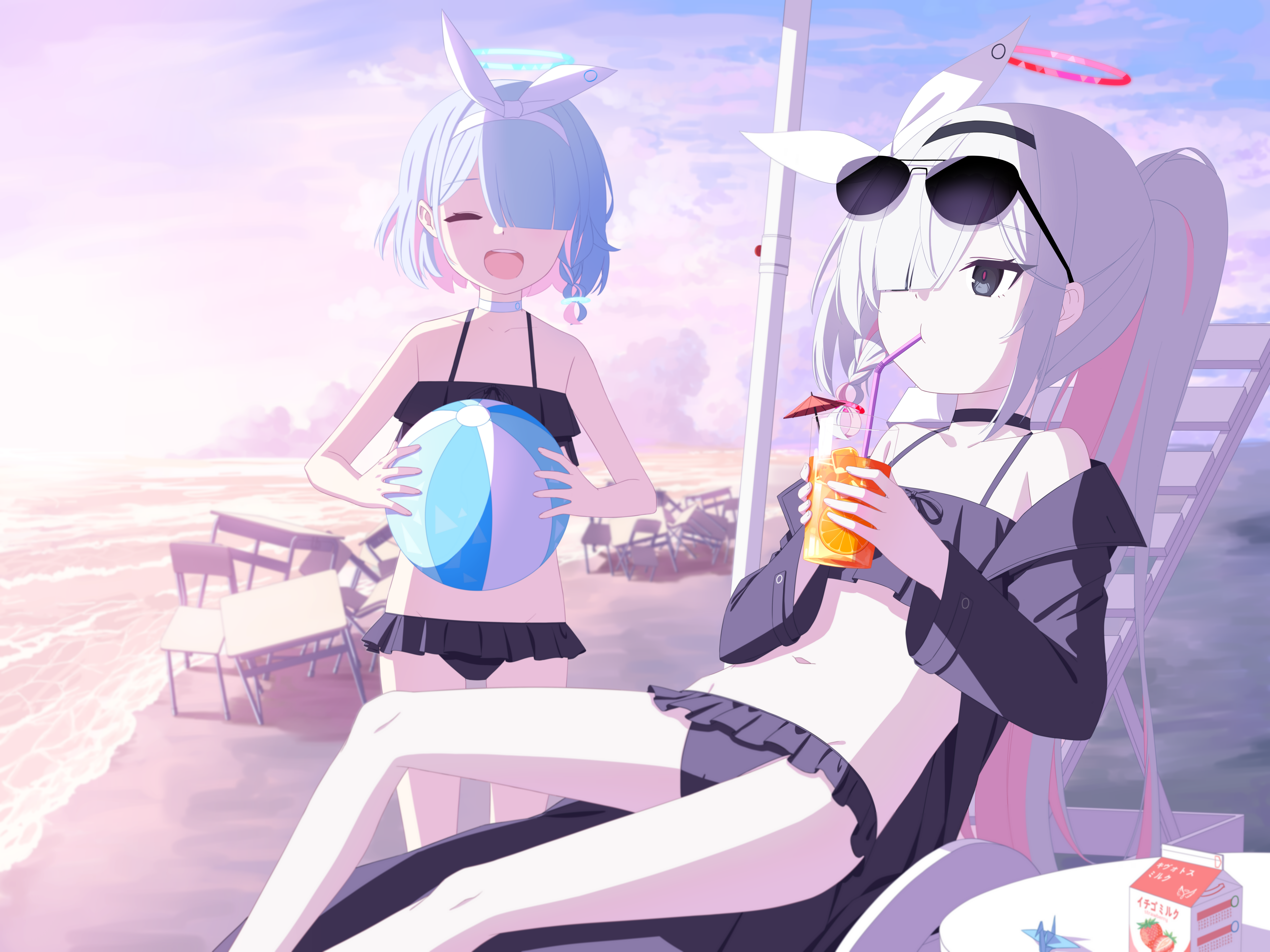 Anime 8400x6300 Blue Archive anime girls Plana (Blue Archive) Arona (Blue Archive) sunglasses beach fan art choker halo swimwear closed eyes clouds hair over one eye drink standing two tone hair long hair ponytail water waves Japanese strawberries drinking sunset sunset glow sunlight sand bikini open mouth loli