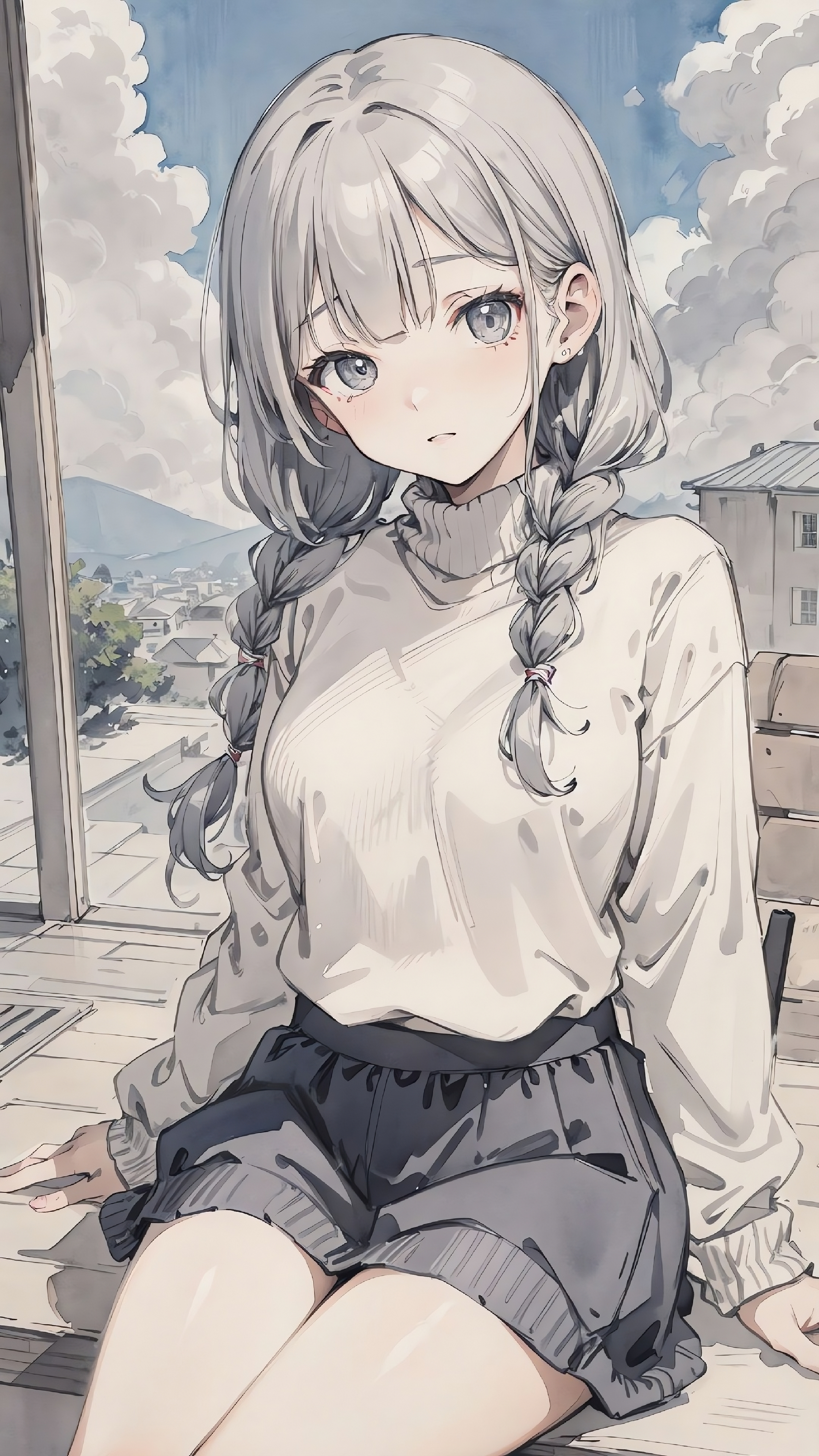 Anime 2160x3840 anime anime girls portrait display twintails braids sky clouds sitting looking at viewer gray hair gray eyes sweater AI art