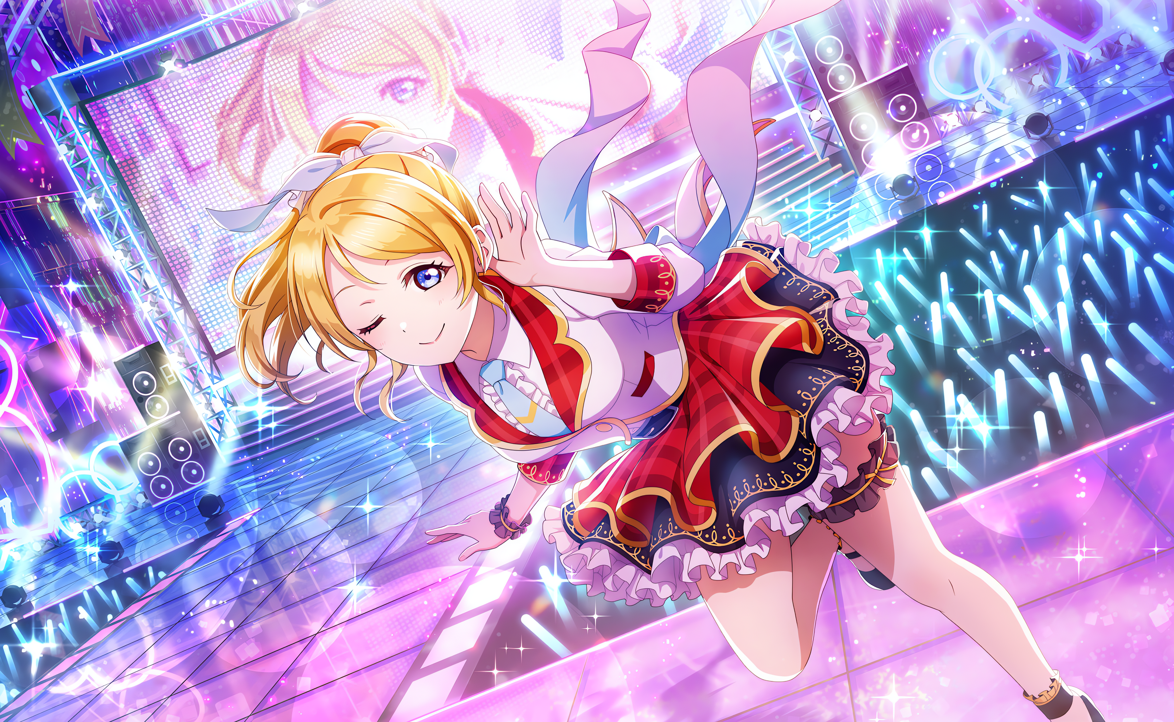 Anime 4096x2520 Ayase Eli Love Live! anime anime girls one eye closed smiling lights stars blonde blue eyes looking at viewer stages stage light dress reflection ponytail