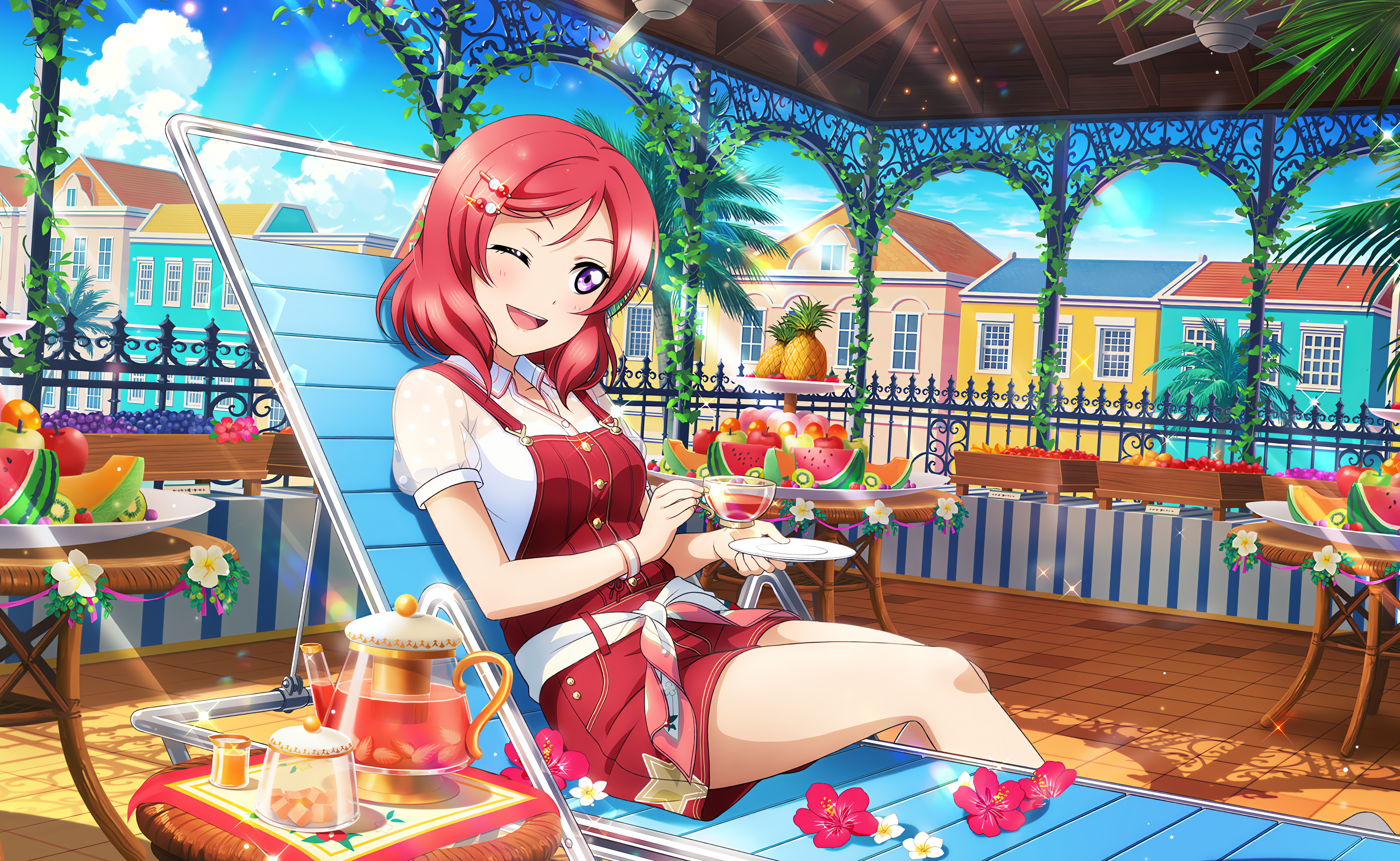 Anime 4096x2520 Nishikino Maki Love Live! anime anime girls one eye closed smiling open mouth blushing watermelons fruit drink flowers sunlight sky clouds house building pineapples sitting leaves kiwi (fruit)