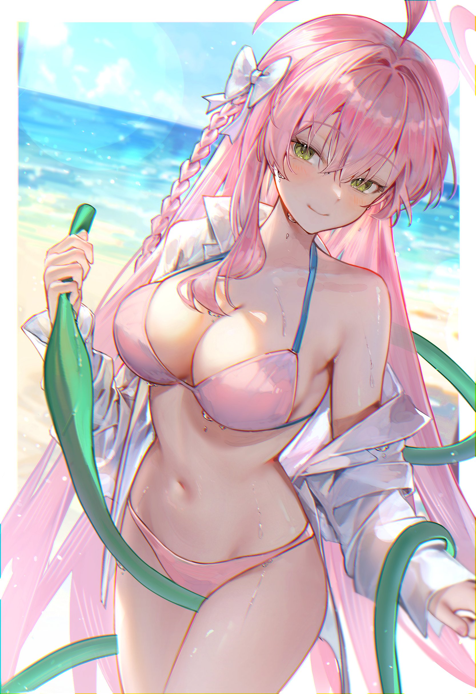 Anime 1666x2428 Blue Archive big boobs anime girls portrait display Hanako (Blue Archive) sea looking at viewer cleavage pink bikini green eyes pink hair long hair open clothes belly button wet body wet swimsuit wet clothing white shirt women outdoors braids hair ribbon blushing smiling women on beach beach blurry background horizon water drops hose ahoge thighs AI art