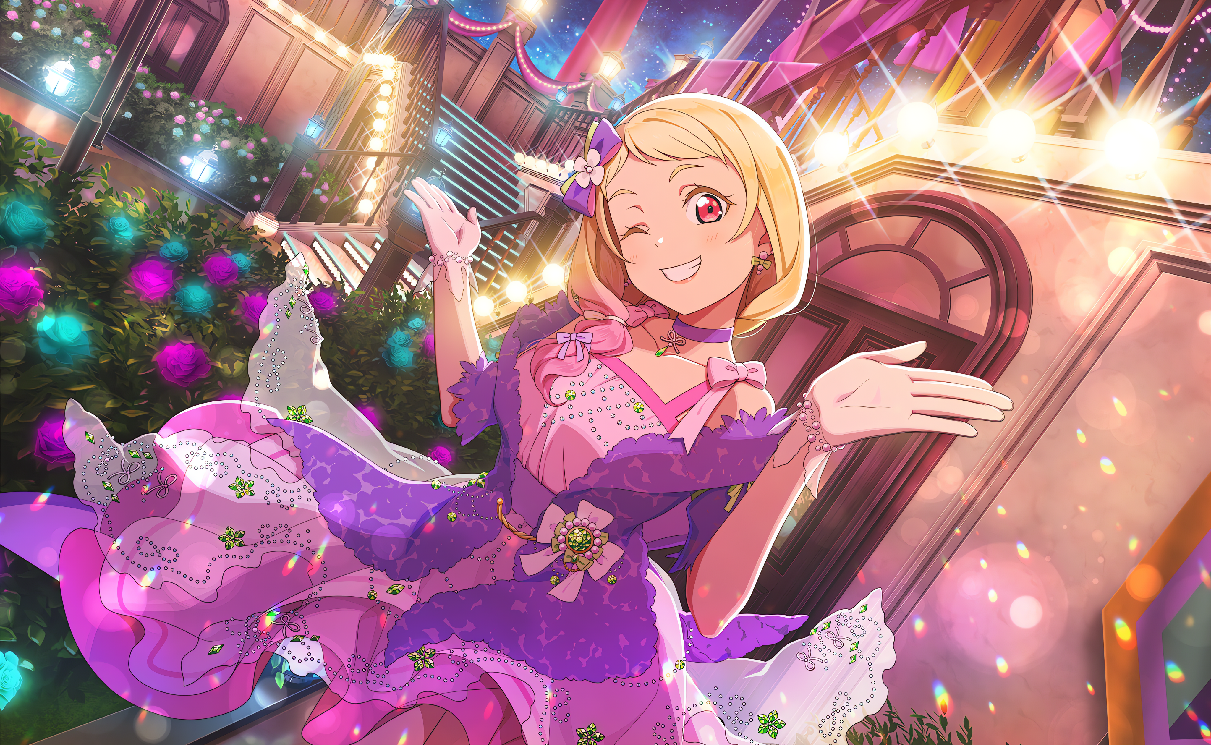 Anime 4096x2520 Onitsuka Natsumi Love Live! Love Live! Super Star!! anime anime girls smiling dress gradient hair two tone hair bow tie one eye closed wink gloves flowers stairs lights looking at viewer choker leaves earring
