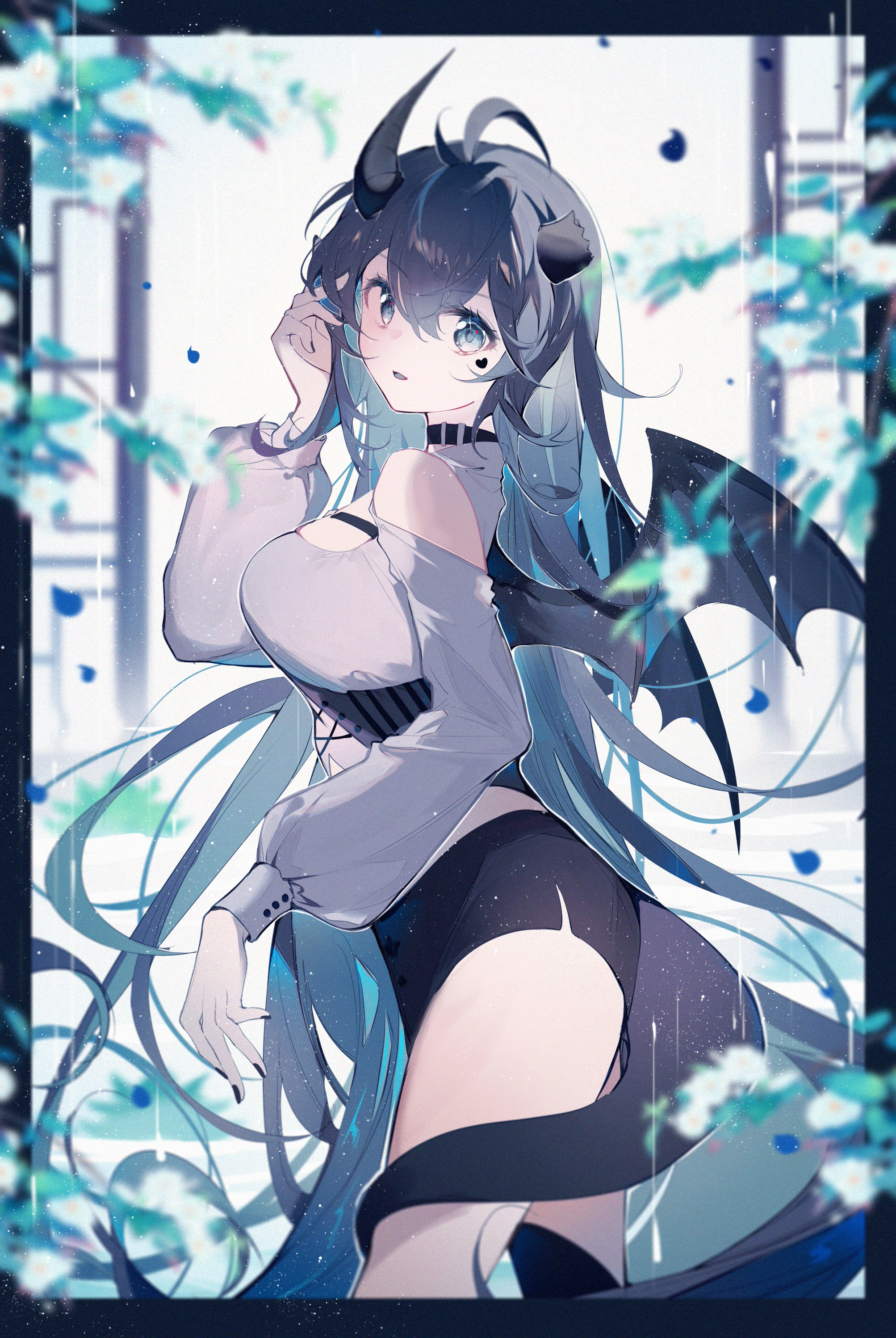 Anime 2006x2994 Pixiv anime anime girls wings horns long hair tail looking at viewer portrait display choker leaves
