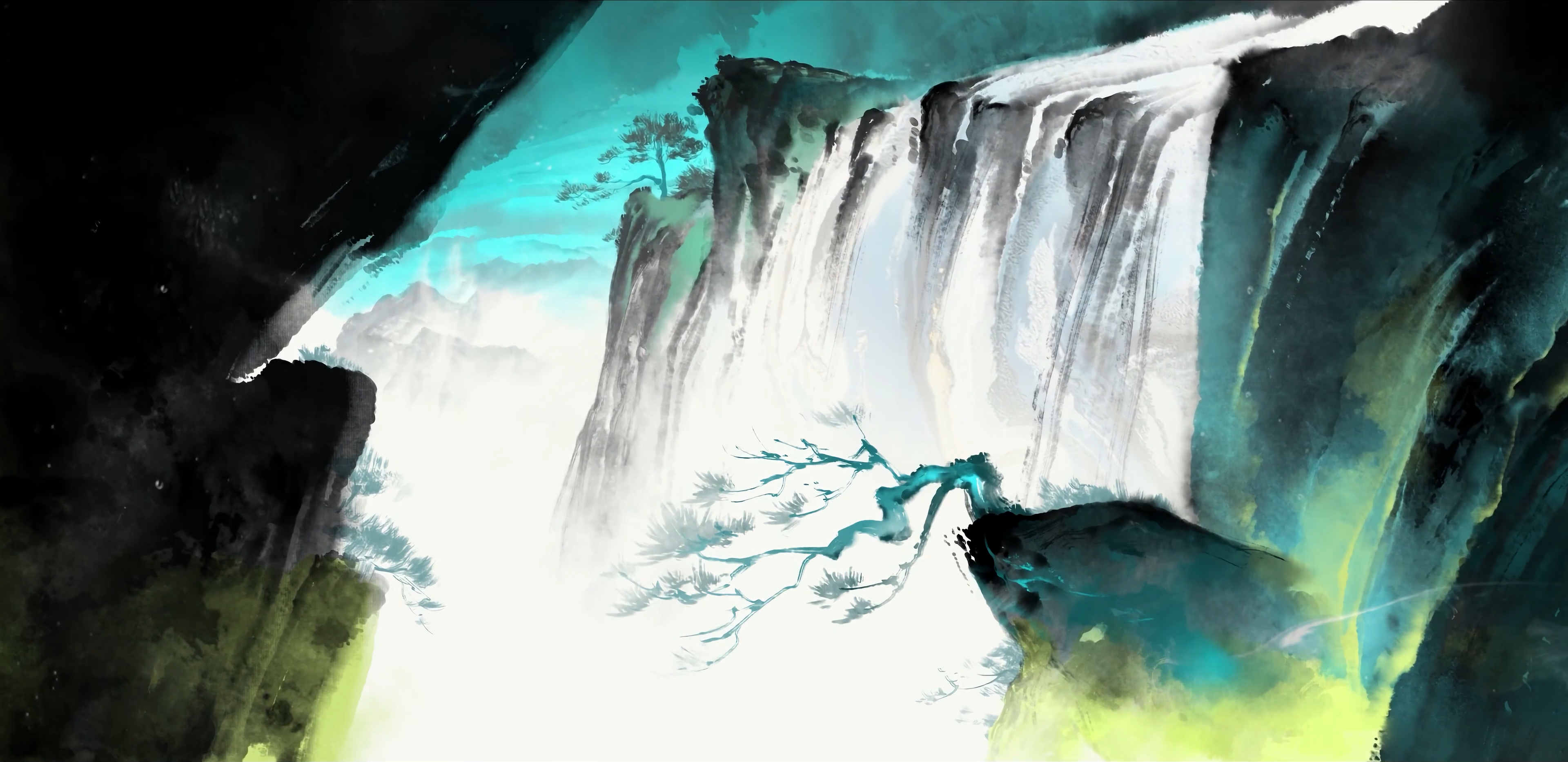 Anime 3840x1867 ChinaGuFeng Wushan five elements water waterfall artwork trees