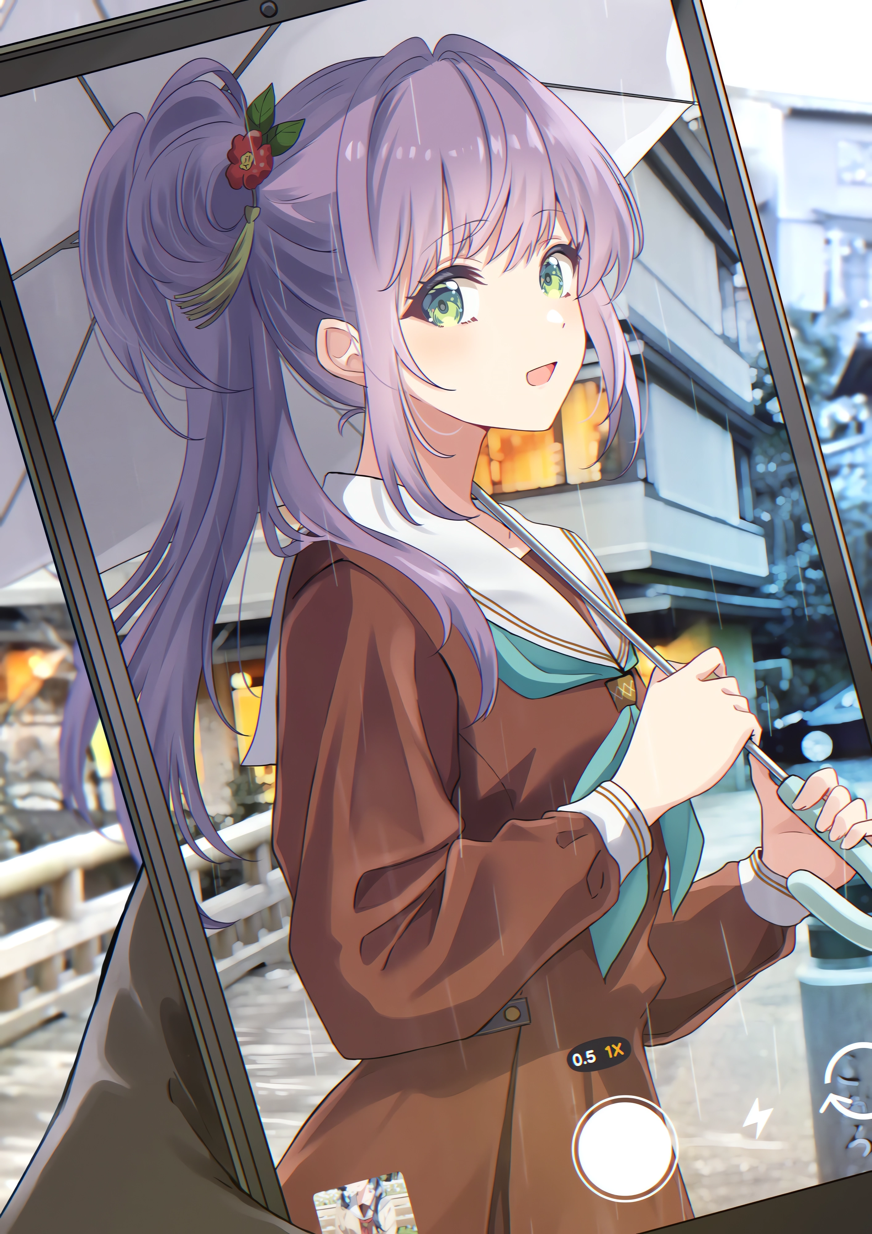 Anime 2828x4000 anime anime girls schoolgirl school uniform long hair phone looking at viewer bow tie purple hair green eyes portrait display