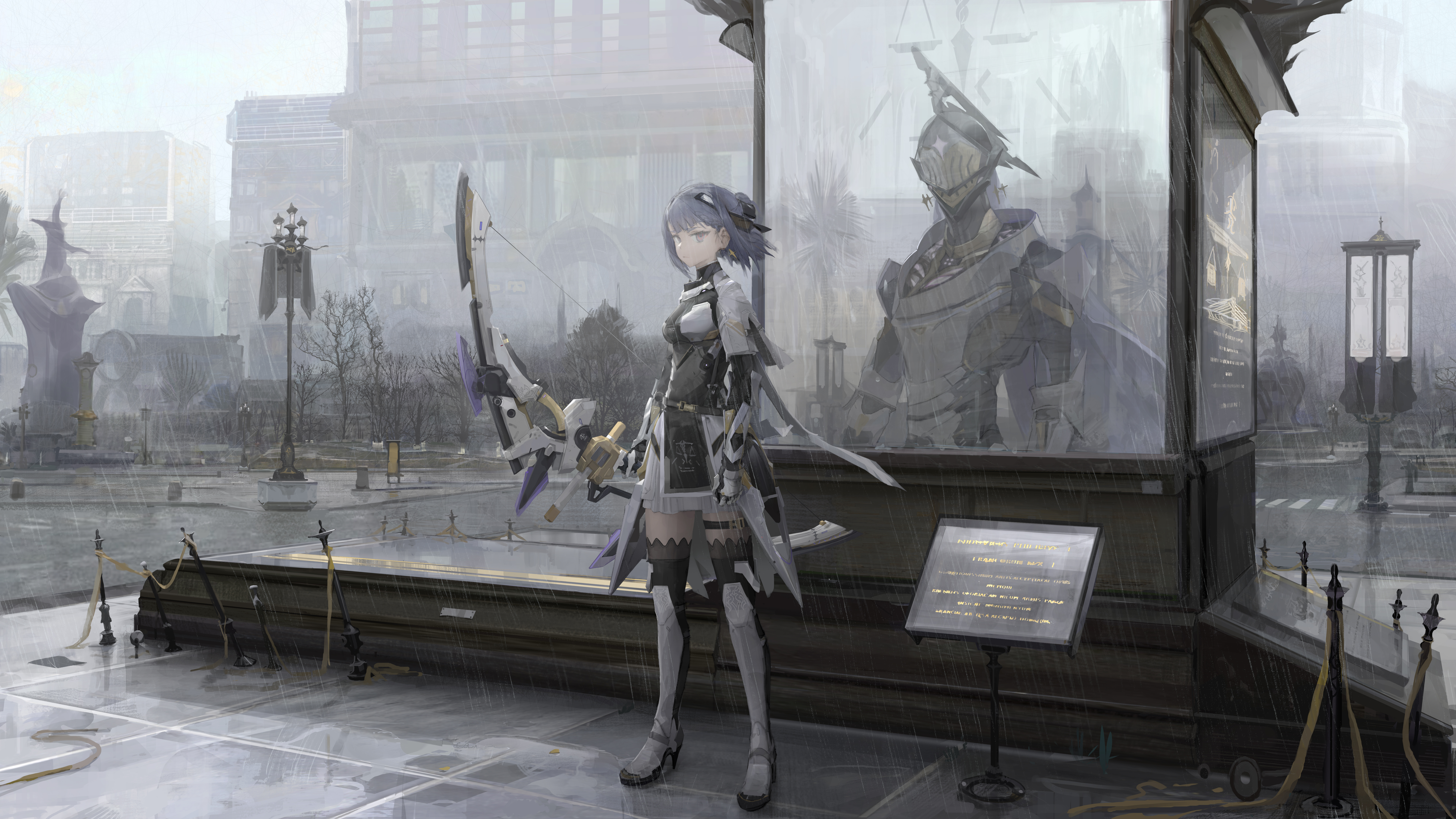 Anime 7680x4320 armor girls with bows Punishing: Gray Raven Alisa (Punishing: Gray Raven) standing rain building city short hair anime girls