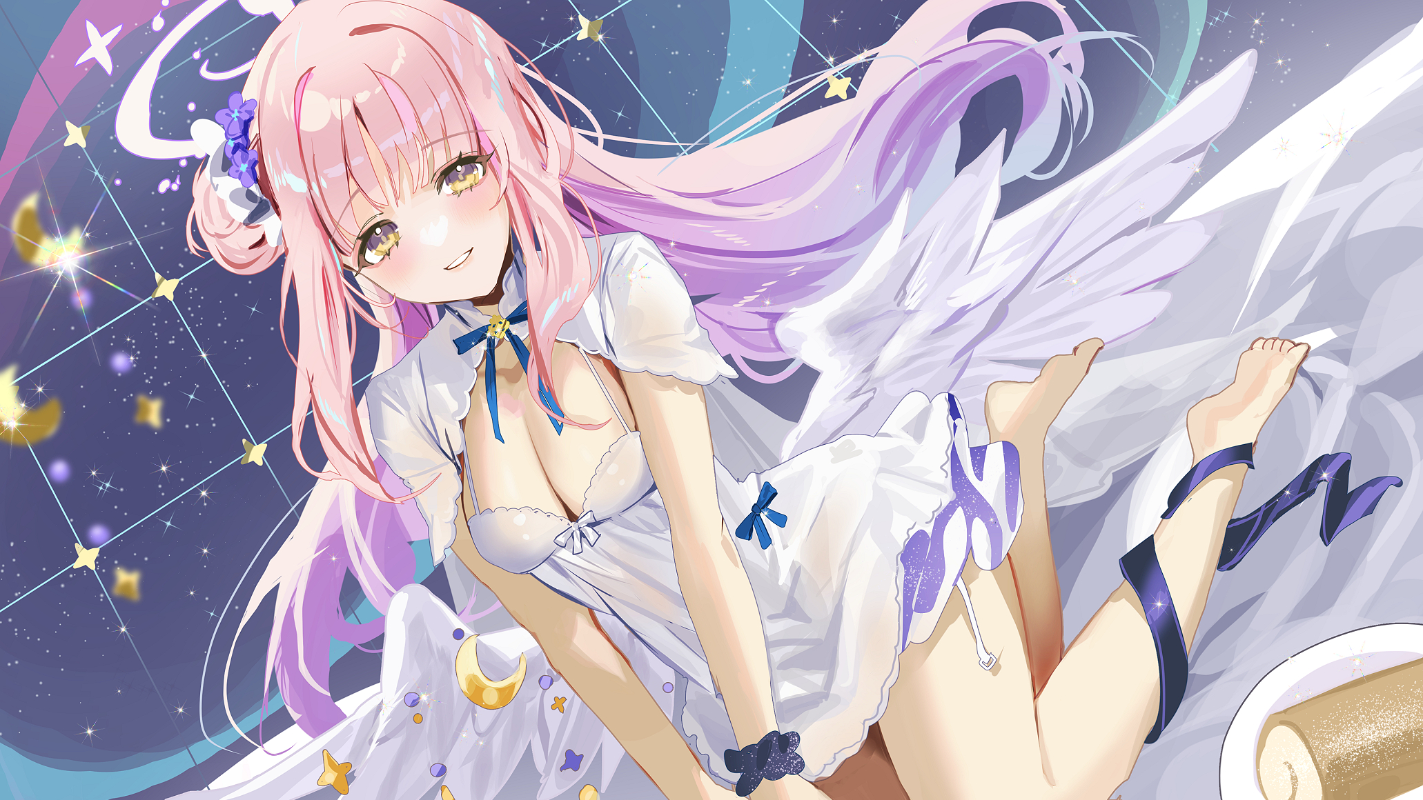Anime 2062x1160 anime anime girls Misono Mika Blue Archive cleavage big boobs pink hair yellow eyes smiling looking at viewer long hair feet stars flower in hair dress wings crescent moon blushing bow tie