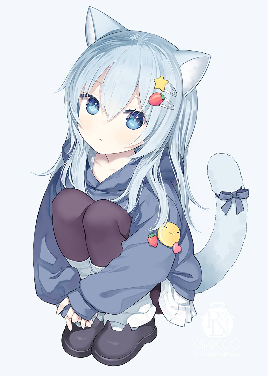 Anime 1069x1500 anime girls skirt portrait display cat girl cat ears cat tail squatting long hair blue hair blue eyes looking at viewer hairpins simple background white background minimalism bow tie loli