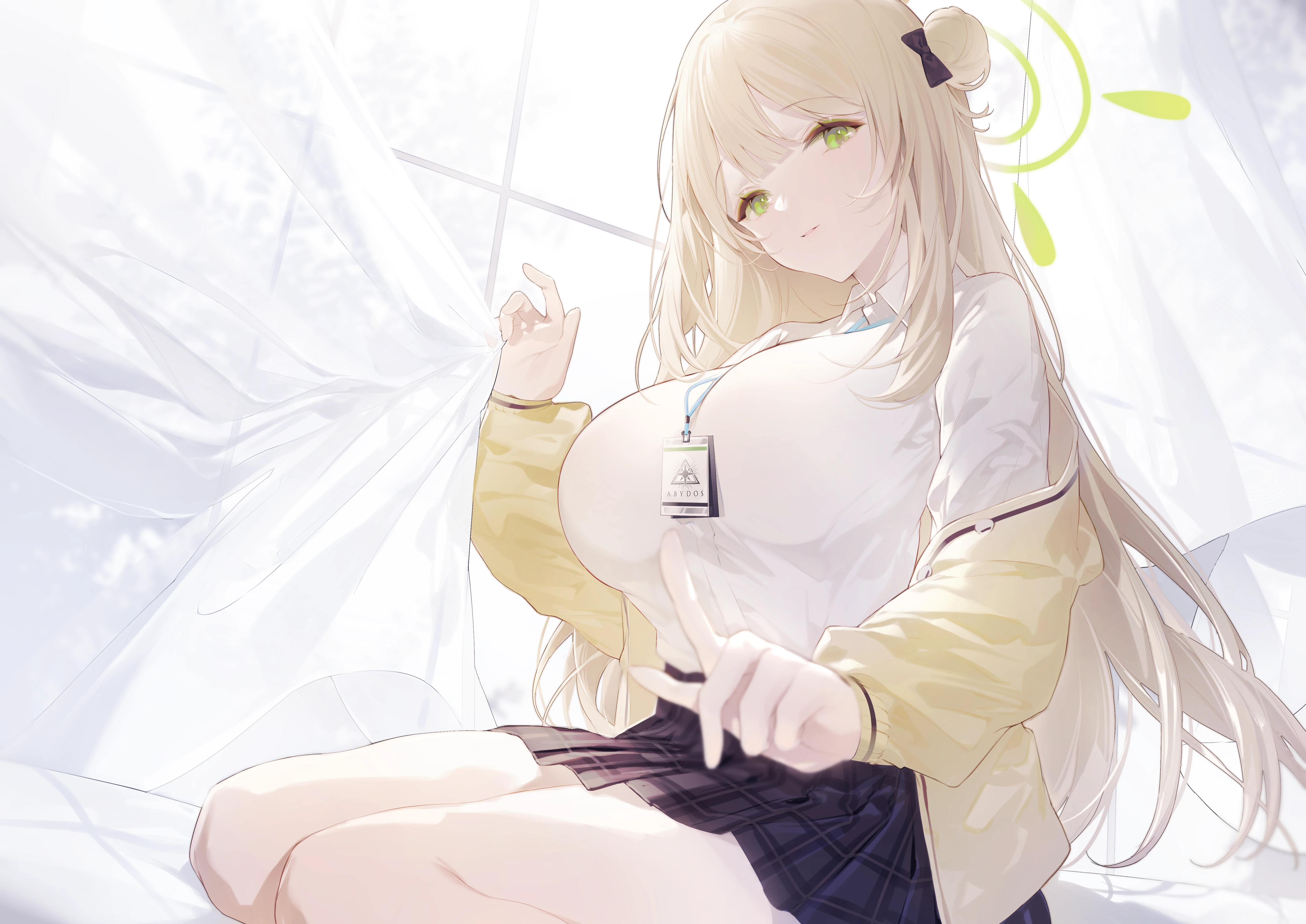 Anime 5409x3826 anime anime girls Izayoi Nonomi (Blue Archive) Blue Archive long hair looking at viewer blonde green eyes big boobs finger pointing window hairbun white low-angle curtains