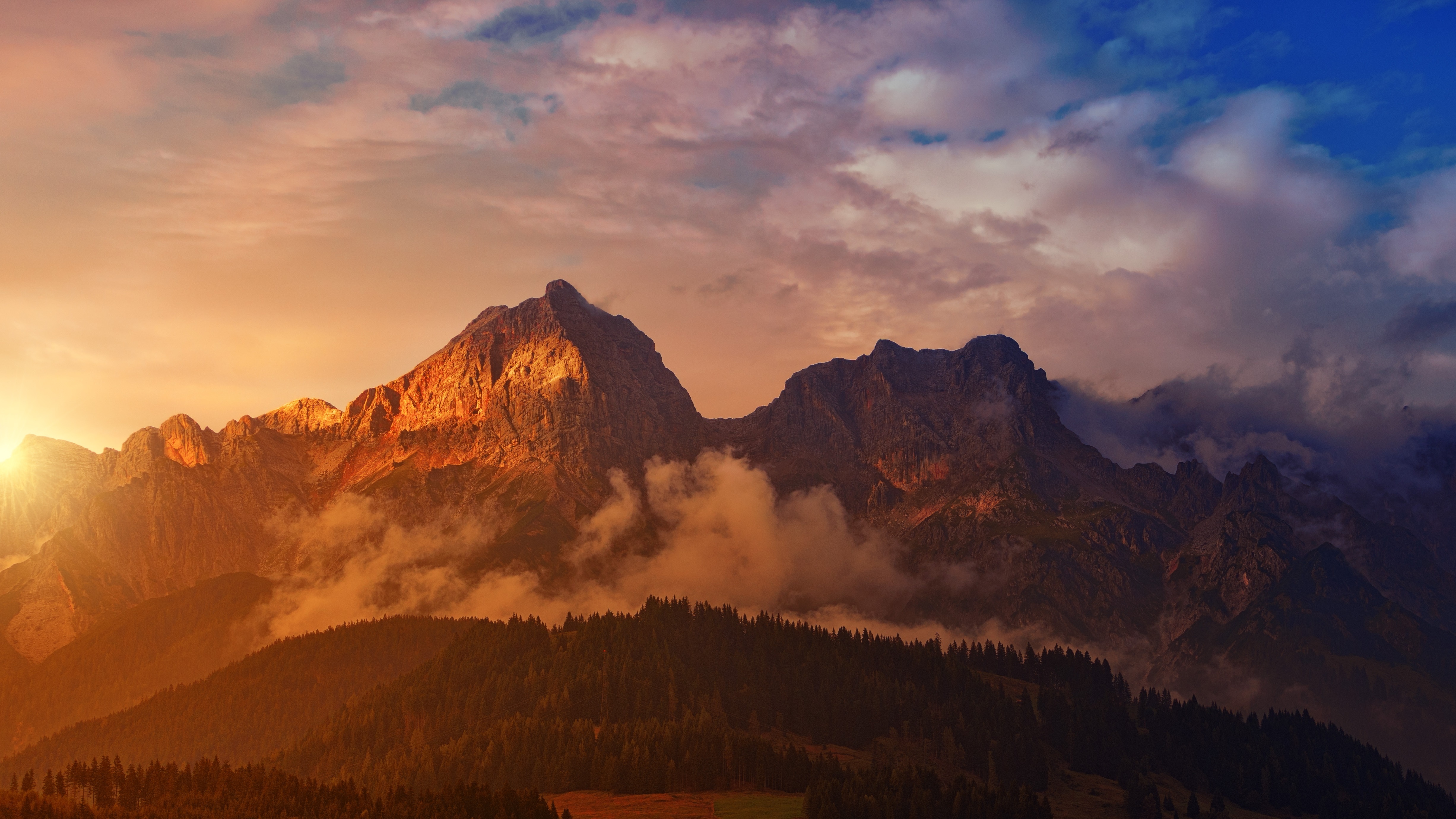 General 4906x2760 mountains nature landscape clouds sky sunset sunset glow mist trees sunlight