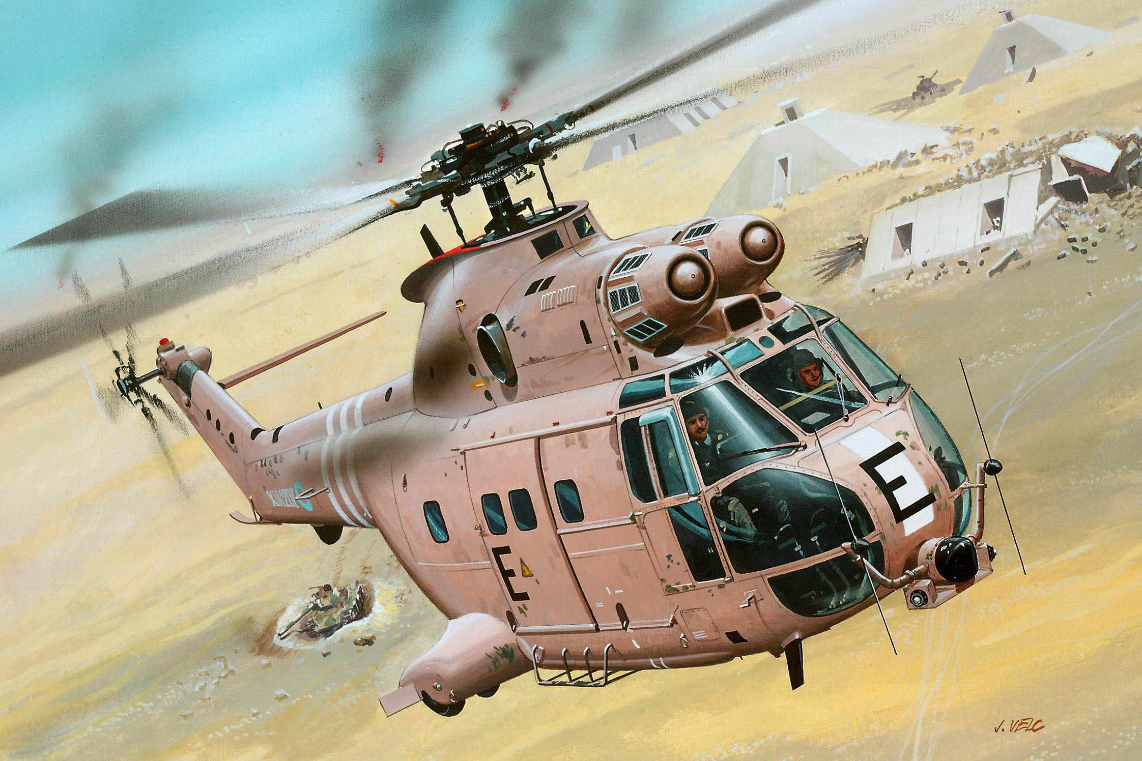 General 2244x1496 aircraft flying military army military vehicle artwork signature smoke pilot desert sky clouds Jaroslav Velc Boxart helicopters military aircraft Operation Desert Storm Royal Air Force Aérospatiale SA 330 Puma