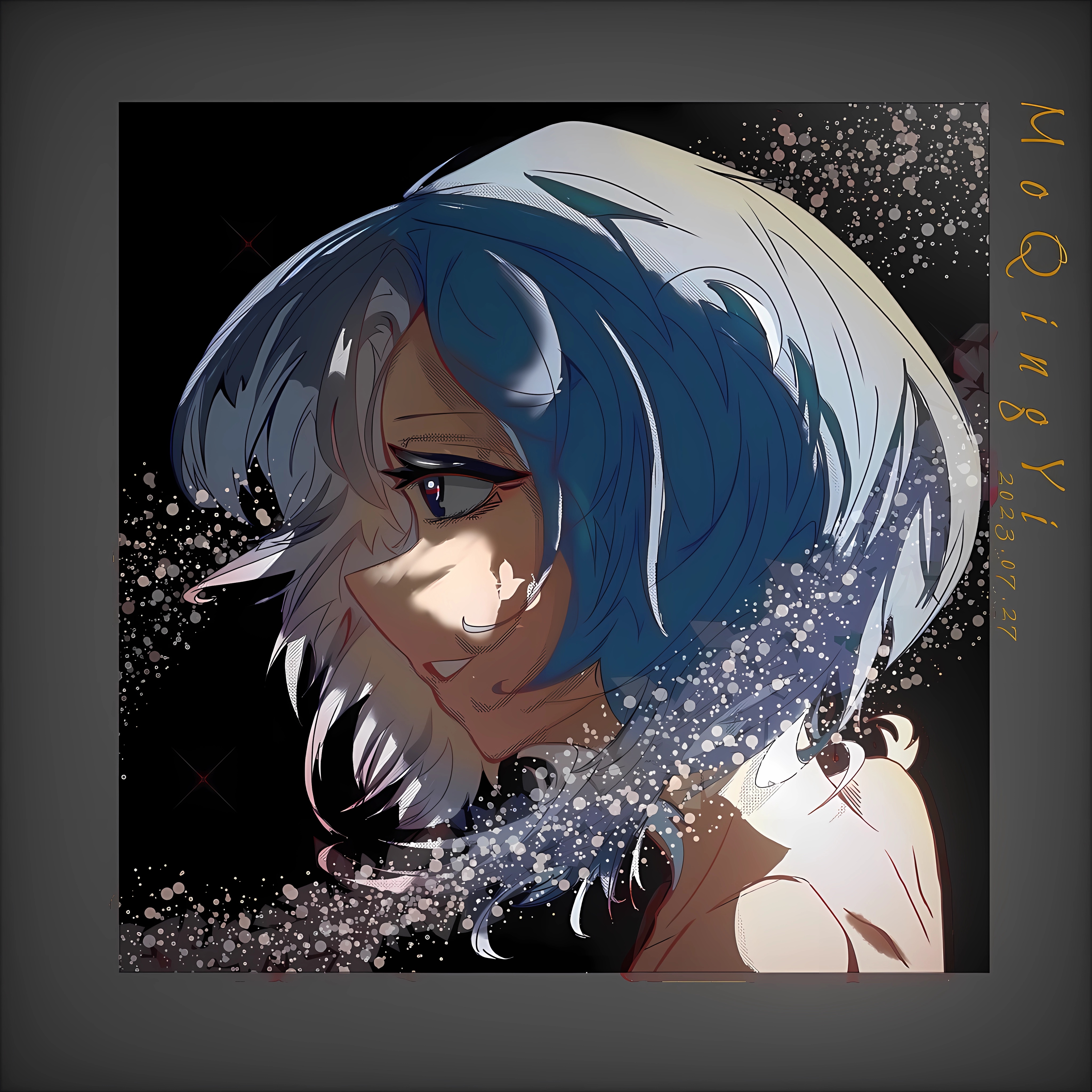 Anime 4096x4096 MoQingYi（artist） space looking away anime girls blue hair short hair simple background minimalism signature