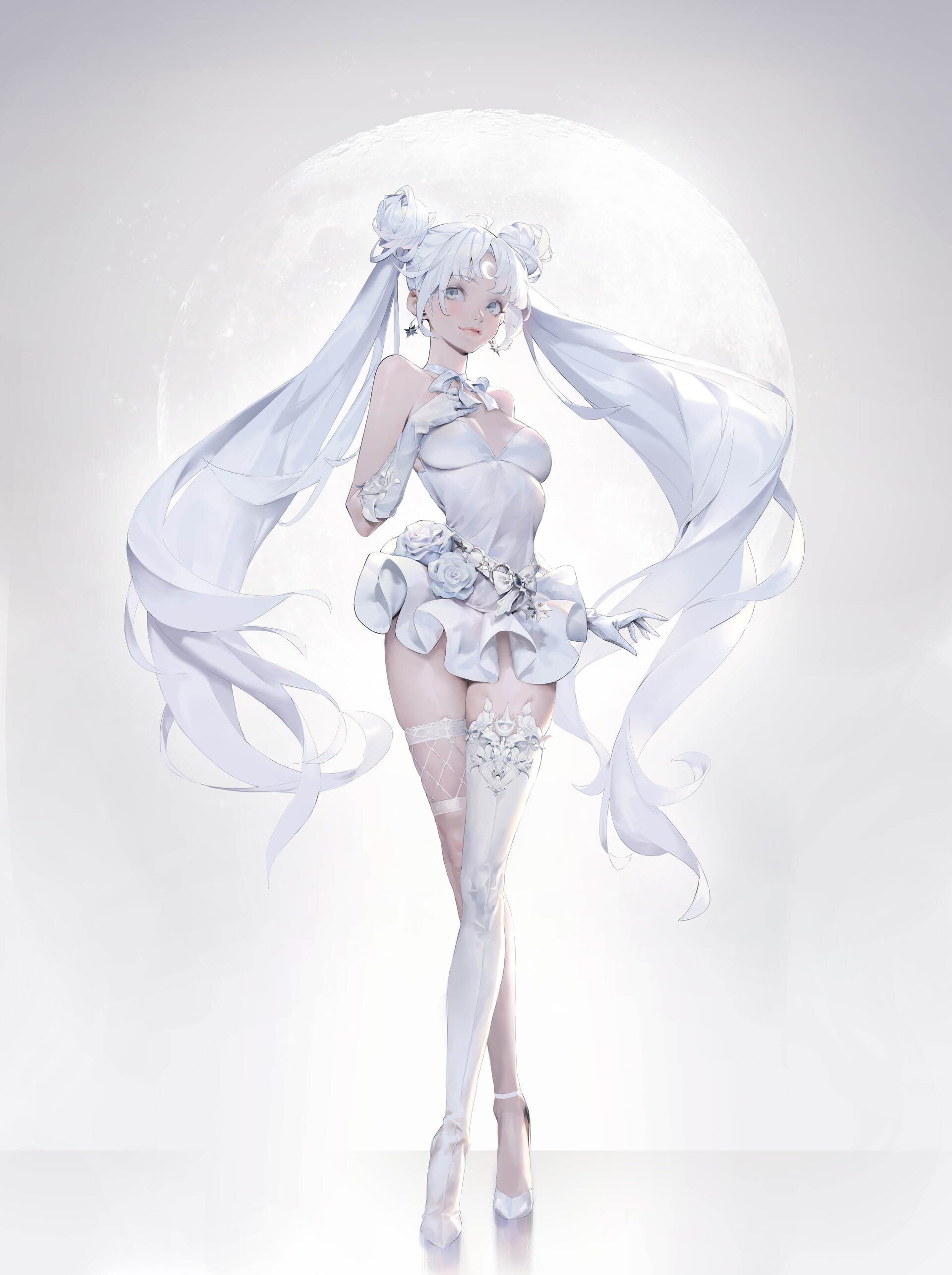 Anime 1920x2571 WonJo Jung drawing Sailor Moon white clothing twintails Moon simple background long hair anime girls standing white hair earring gloves white background minimalism smiling hairbun looking at viewer dress